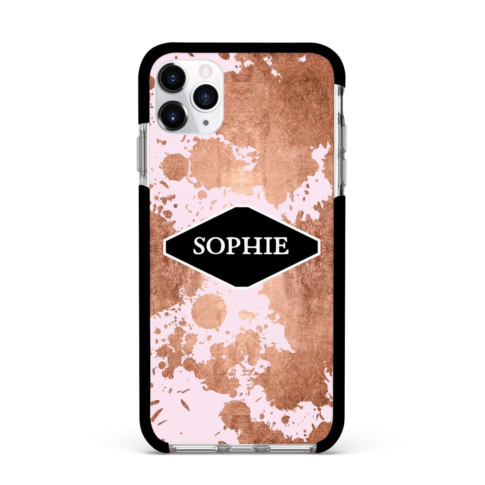 Personalised Pink Copper Splatter Name Apple iPhone 11 Pro Max in Silver with Black Impact Case