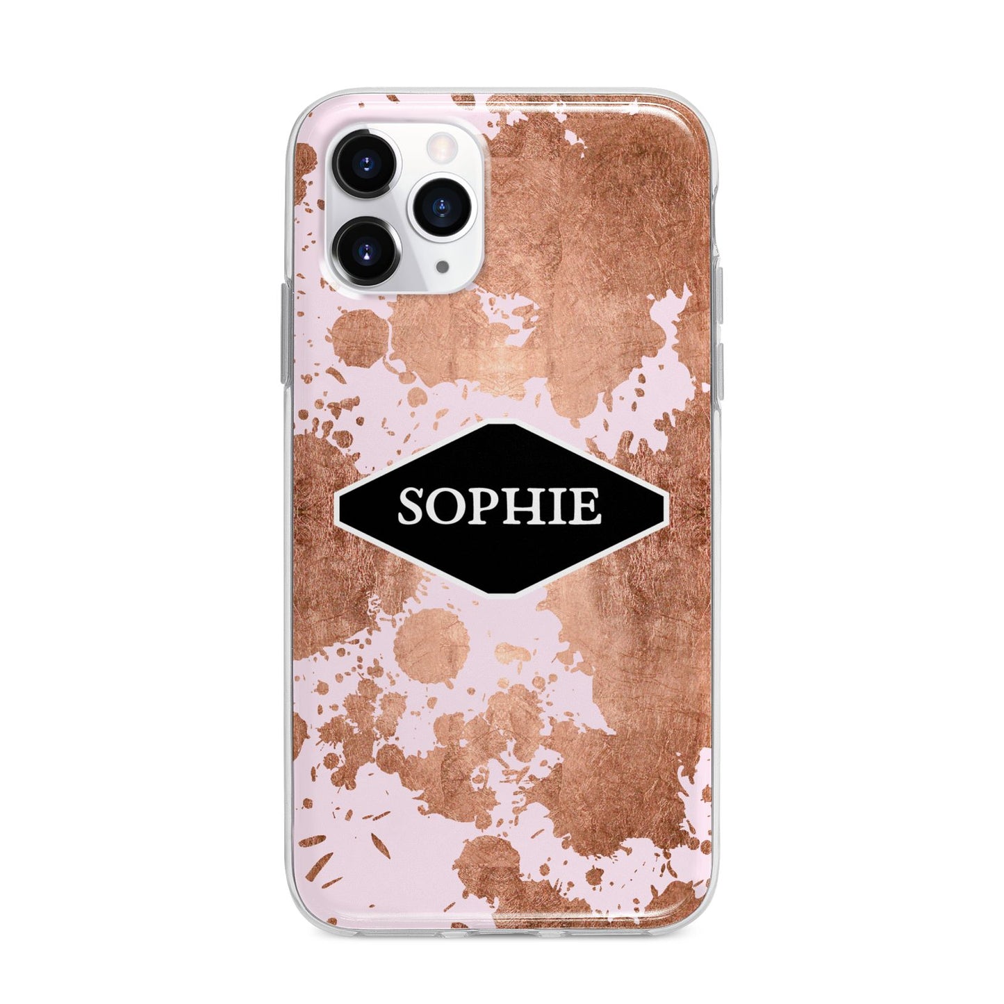 Personalised Pink Copper Splatter Name Apple iPhone 11 Pro Max in Silver with Bumper Case