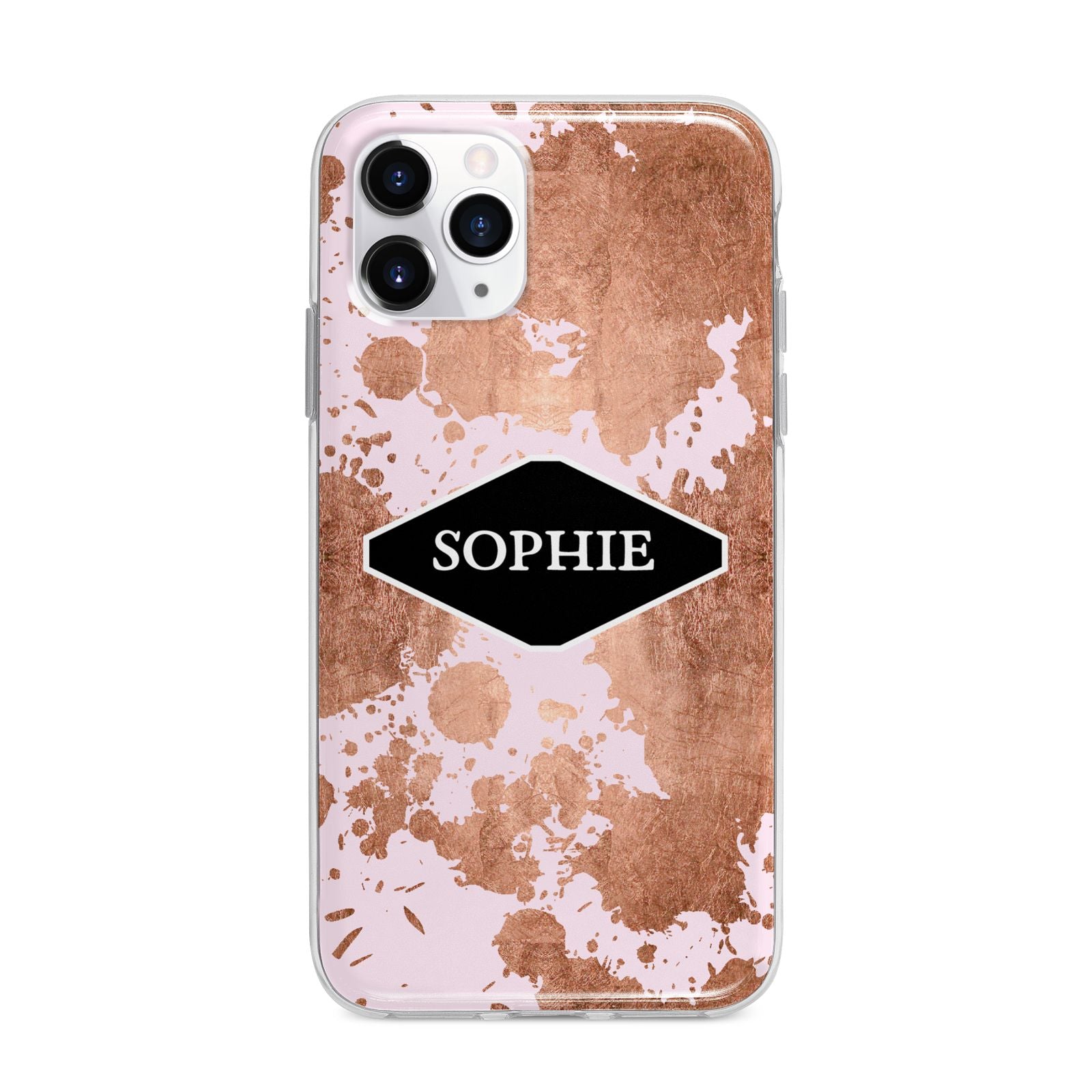 Personalised Pink Copper Splatter Name Apple iPhone 11 Pro Max in Silver with Bumper Case