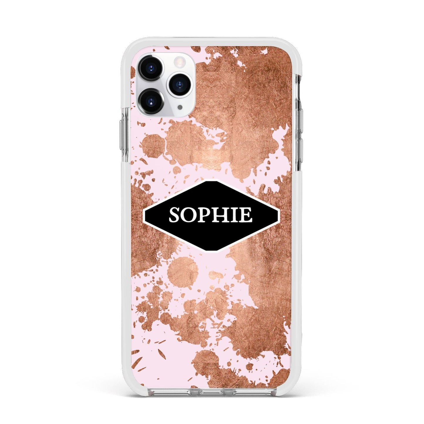 Personalised Pink Copper Splatter Name Apple iPhone 11 Pro Max in Silver with White Impact Case