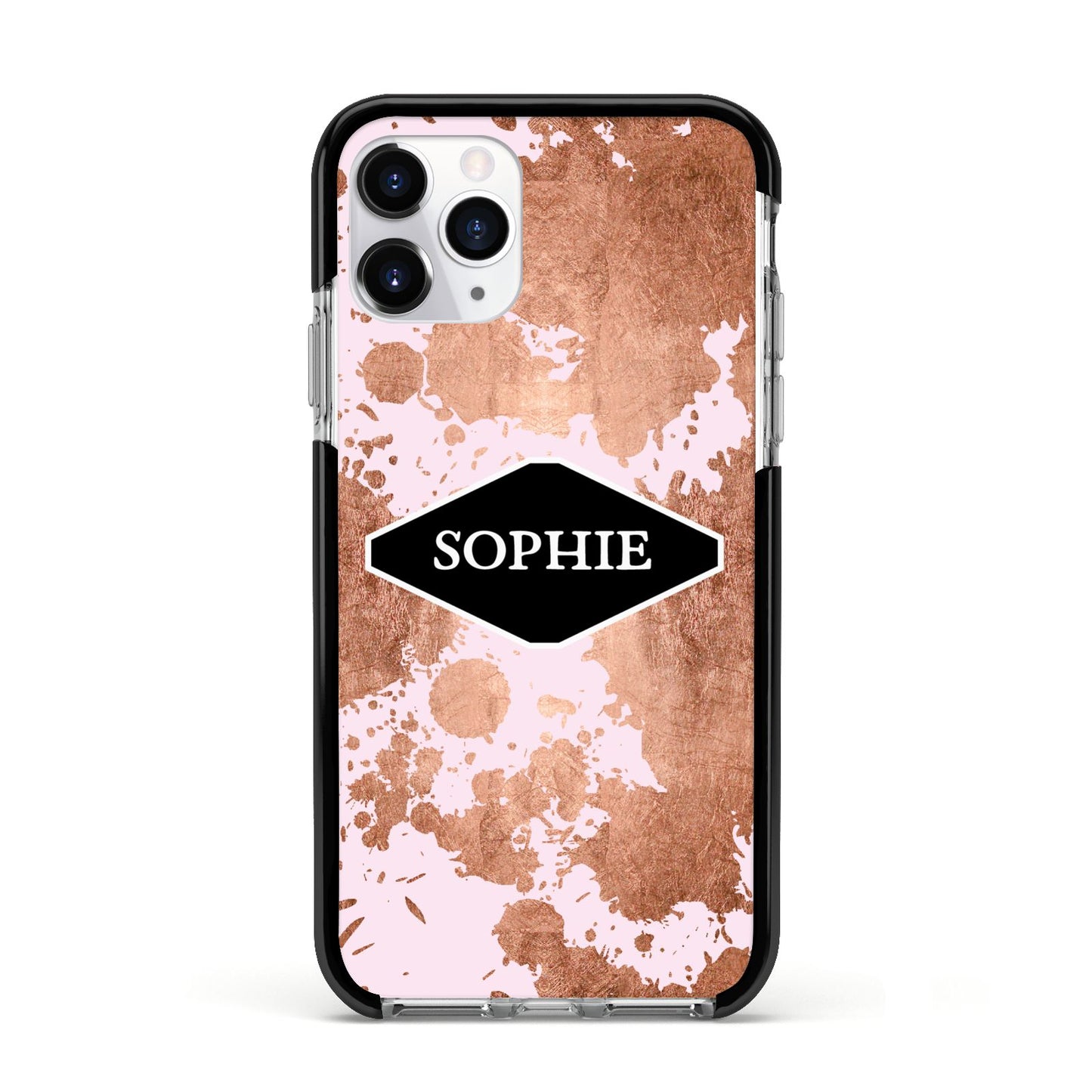 Personalised Pink Copper Splatter Name Apple iPhone 11 Pro in Silver with Black Impact Case