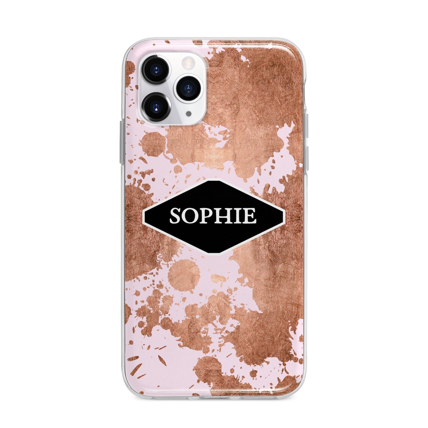 Personalised Pink Copper Splatter Name Apple iPhone 11 Pro in Silver with Bumper Case