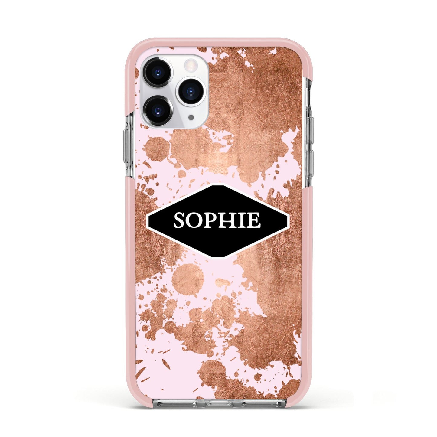 Personalised Pink Copper Splatter Name Apple iPhone 11 Pro in Silver with Pink Impact Case