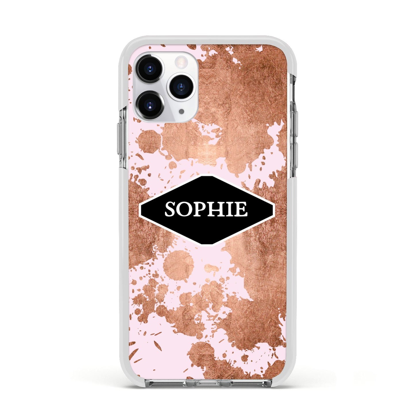 Personalised Pink Copper Splatter Name Apple iPhone 11 Pro in Silver with White Impact Case