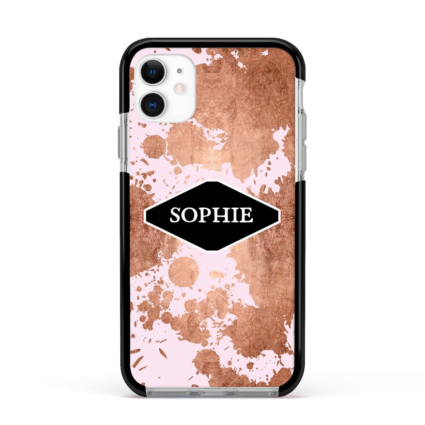 Personalised Pink Copper Splatter Name Apple iPhone 11 in White with Black Impact Case