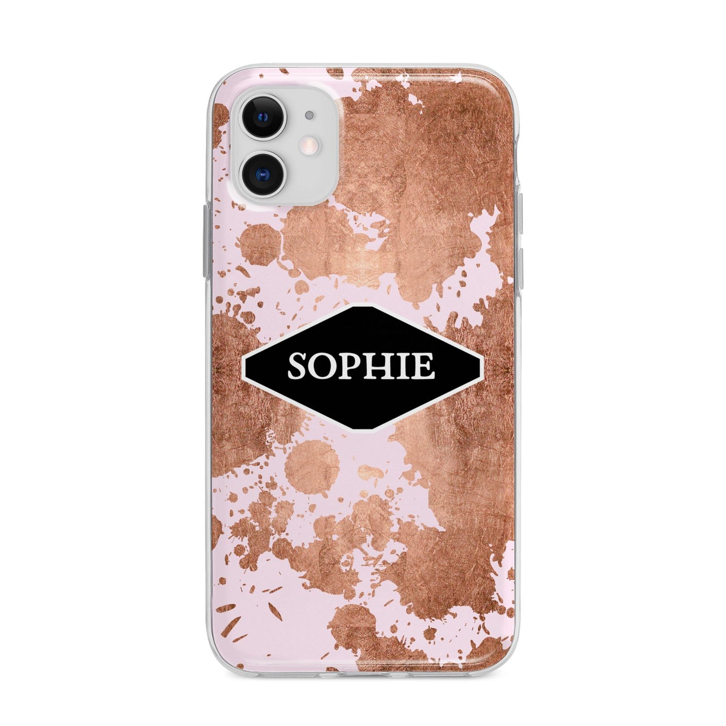 Personalised Pink Copper Splatter Name Apple iPhone 11 in White with Bumper Case