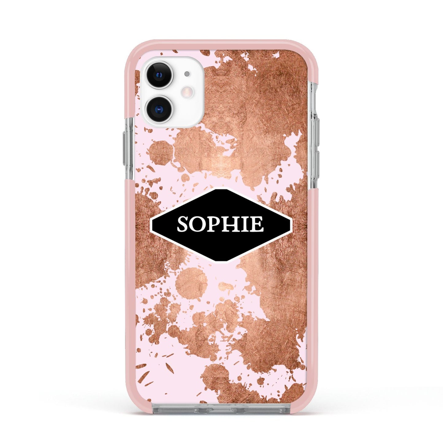 Personalised Pink Copper Splatter Name Apple iPhone 11 in White with Pink Impact Case