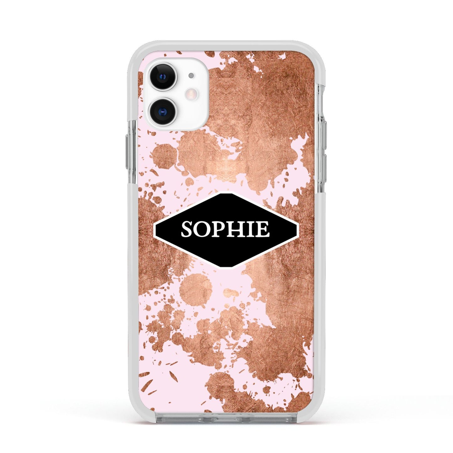 Personalised Pink Copper Splatter Name Apple iPhone 11 in White with White Impact Case