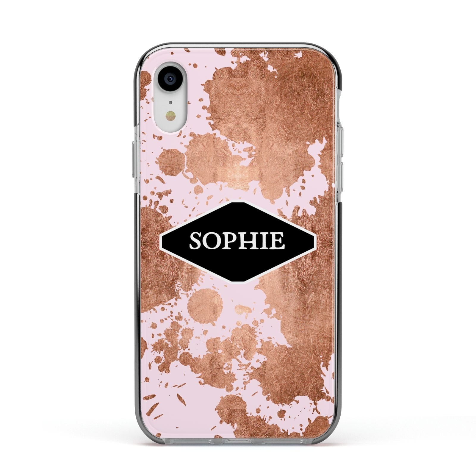 Personalised Pink Copper Splatter Name Apple iPhone XR Impact Case Black Edge on Silver Phone