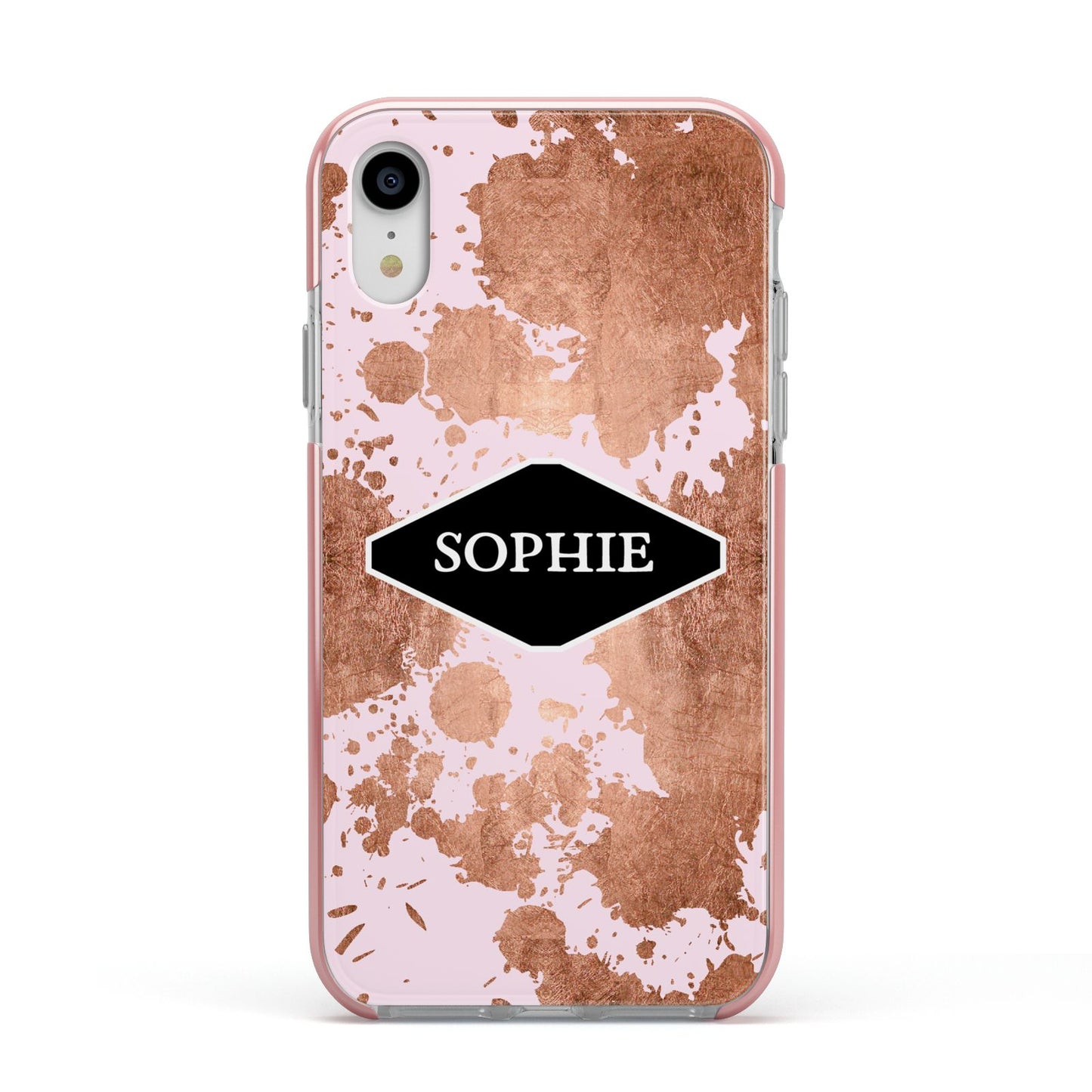 Personalised Pink Copper Splatter Name Apple iPhone XR Impact Case Pink Edge on Silver Phone