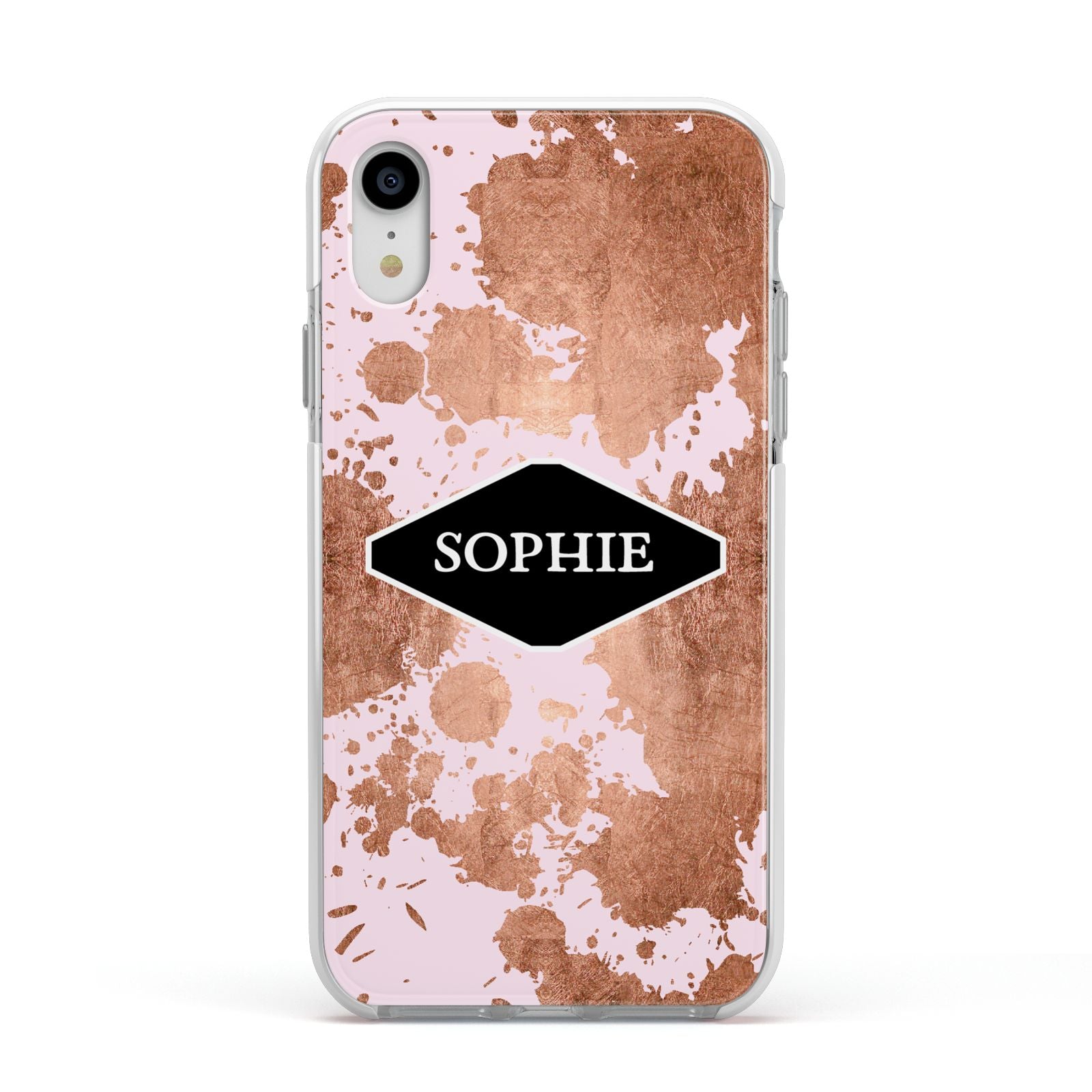 Personalised Pink Copper Splatter Name Apple iPhone XR Impact Case White Edge on Silver Phone