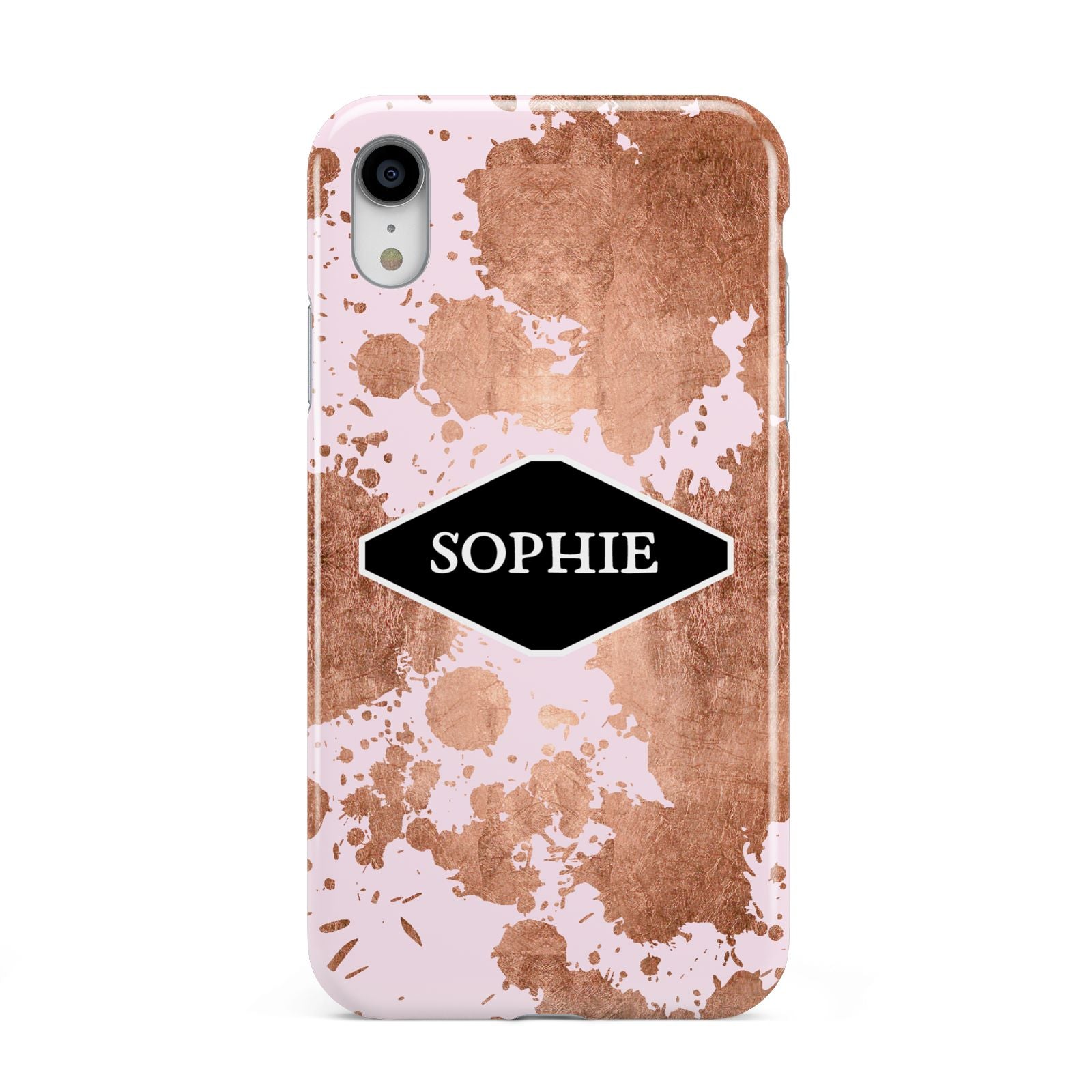 Personalised Pink Copper Splatter Name Apple iPhone XR White 3D Tough Case