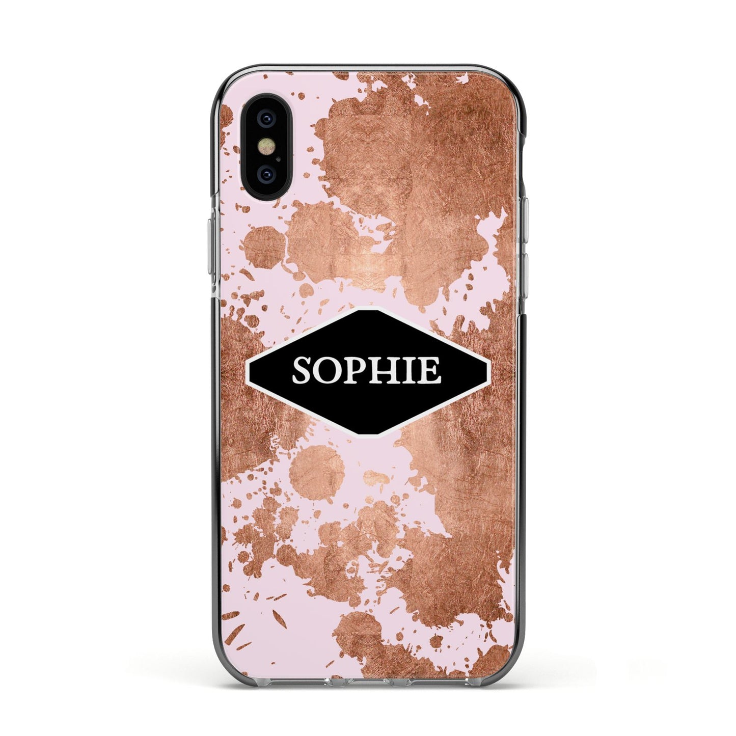 Personalised Pink Copper Splatter Name Apple iPhone Xs Impact Case Black Edge on Black Phone