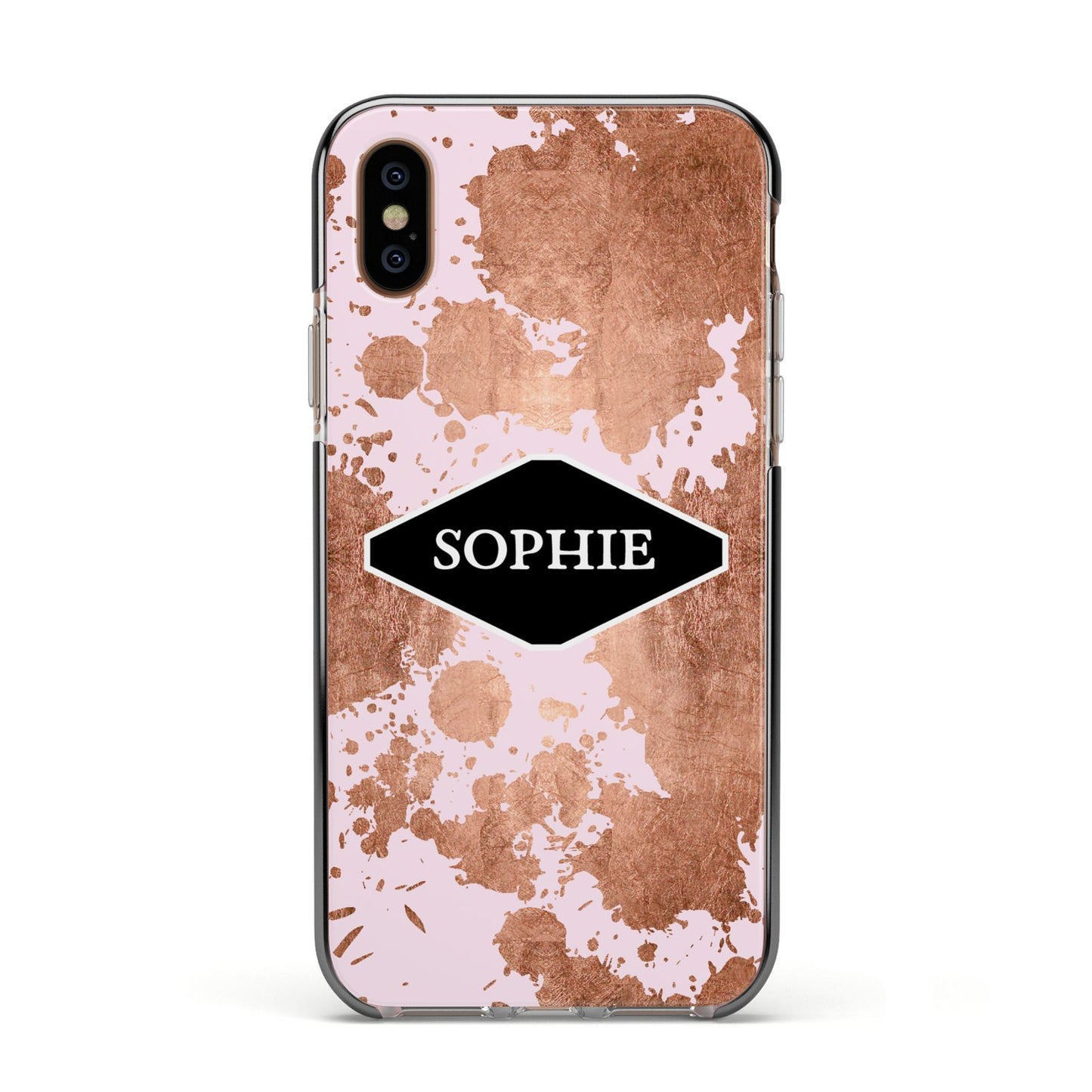 Personalised Pink Copper Splatter Name Apple iPhone Xs Impact Case Black Edge on Gold Phone