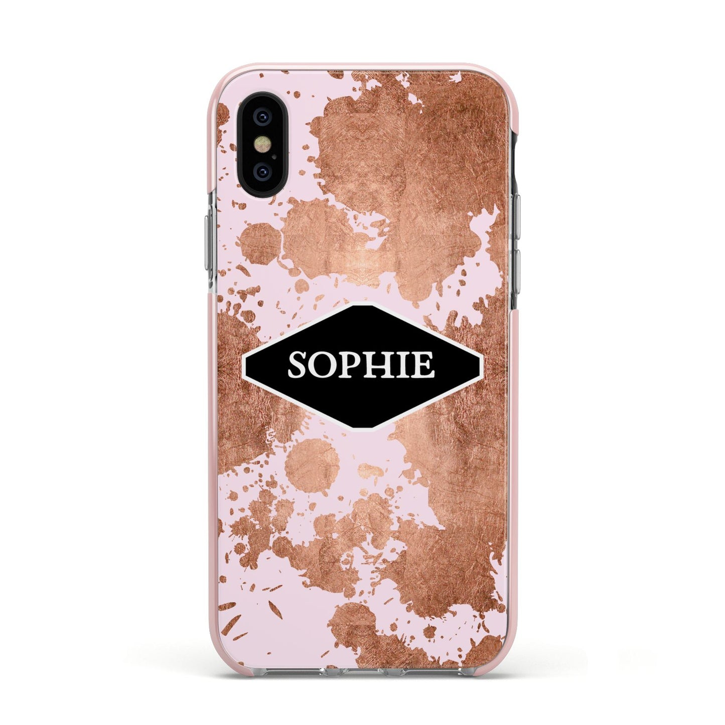 Personalised Pink Copper Splatter Name Apple iPhone Xs Impact Case Pink Edge on Black Phone