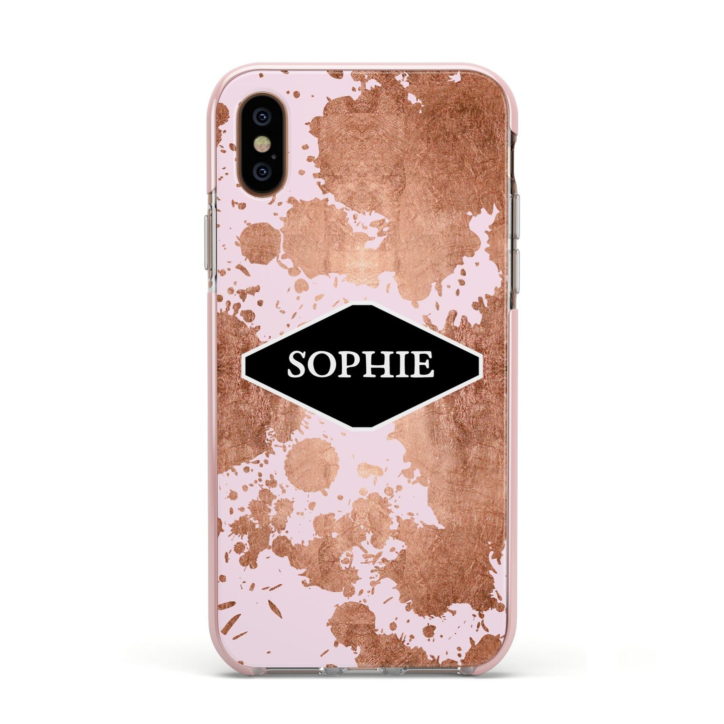 Personalised Pink Copper Splatter Name Apple iPhone Xs Impact Case Pink Edge on Gold Phone