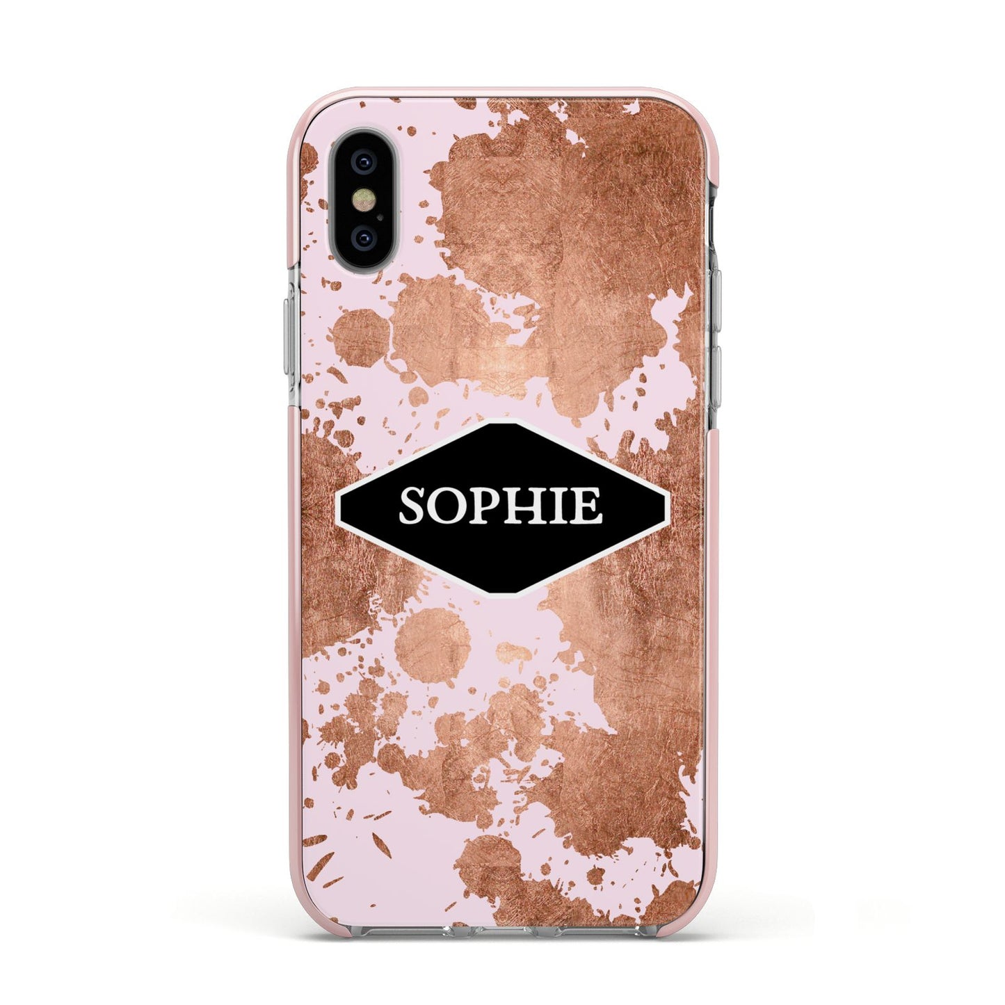 Personalised Pink Copper Splatter Name Apple iPhone Xs Impact Case Pink Edge on Silver Phone