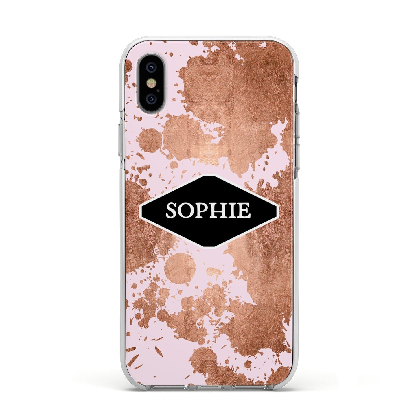 Personalised Pink Copper Splatter Name Apple iPhone Xs Impact Case White Edge on Silver Phone