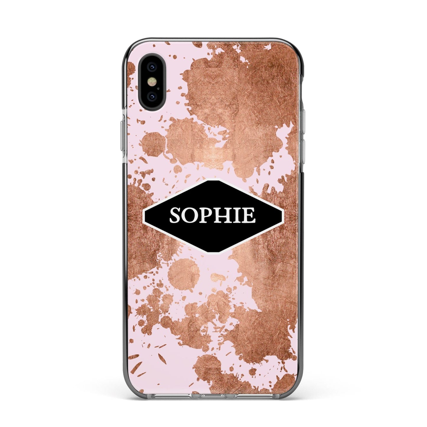 Personalised Pink Copper Splatter Name Apple iPhone Xs Max Impact Case Black Edge on Black Phone