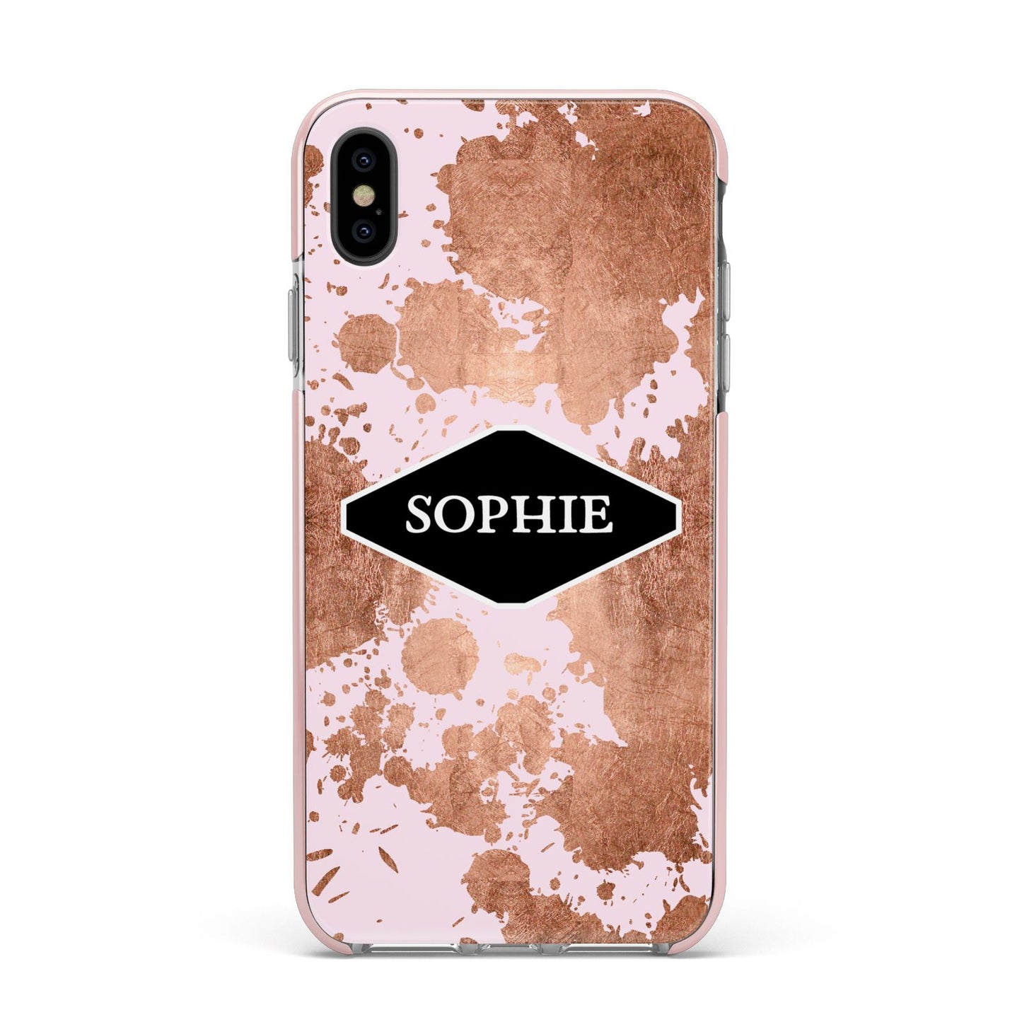 Personalised Pink Copper Splatter Name Apple iPhone Xs Max Impact Case Pink Edge on Black Phone