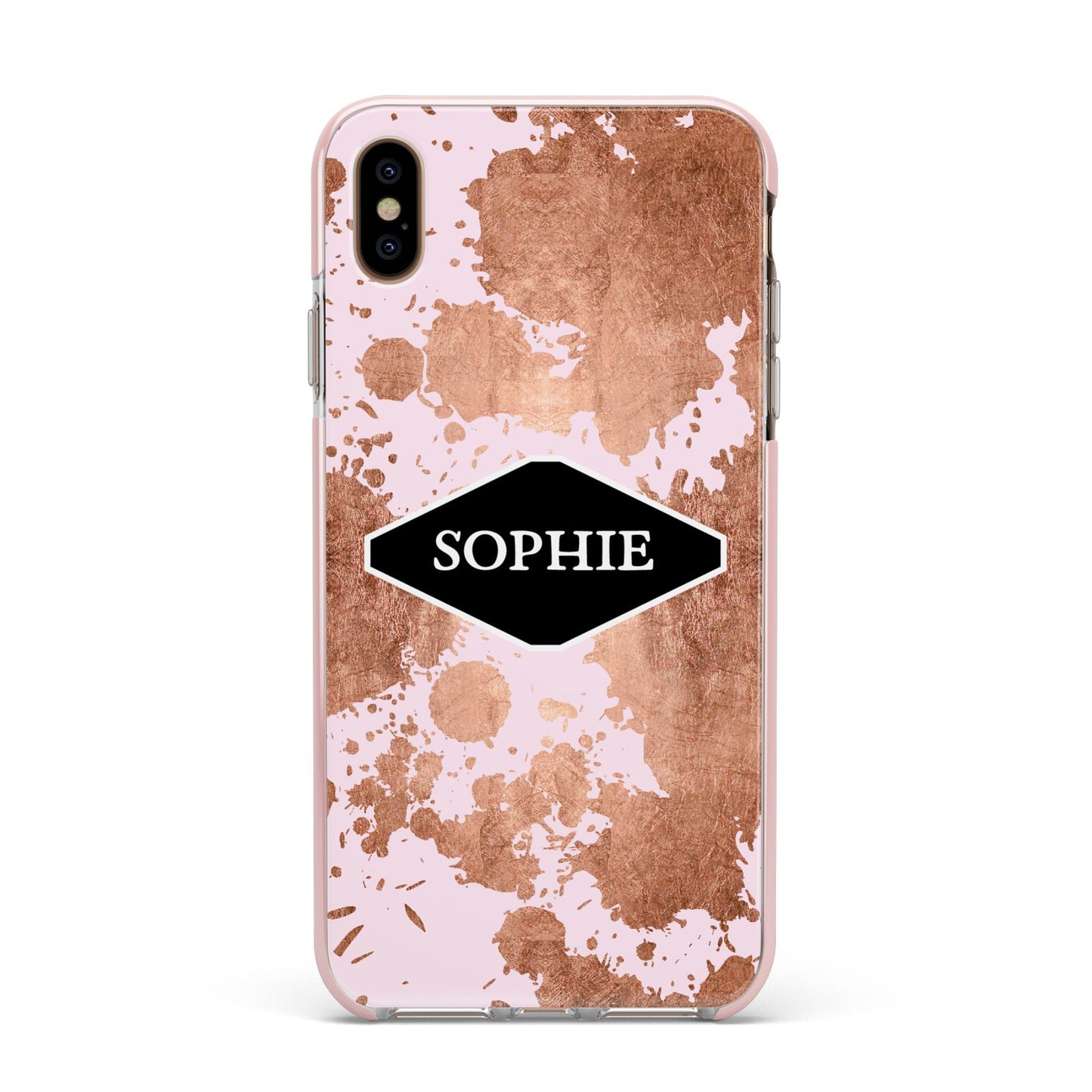 Personalised Pink Copper Splatter Name Apple iPhone Xs Max Impact Case Pink Edge on Gold Phone