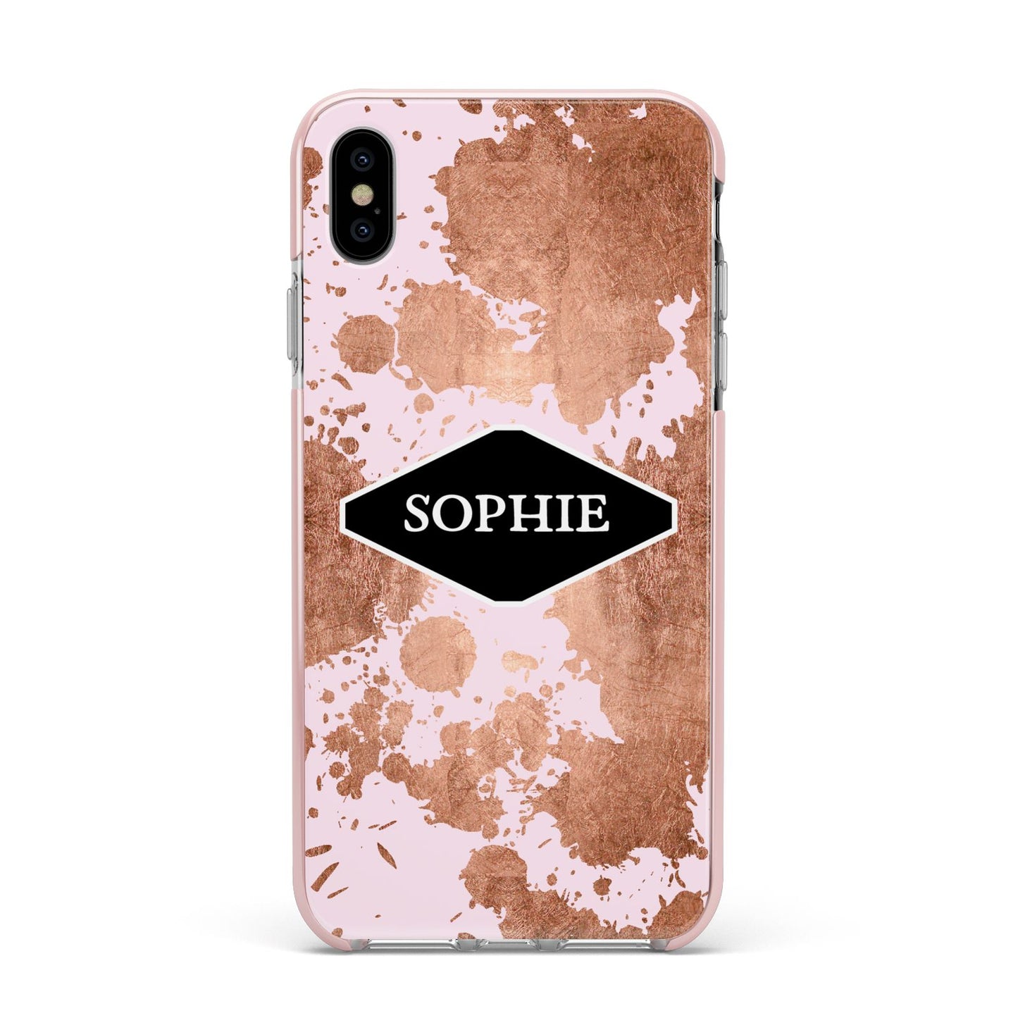 Personalised Pink Copper Splatter Name Apple iPhone Xs Max Impact Case Pink Edge on Silver Phone