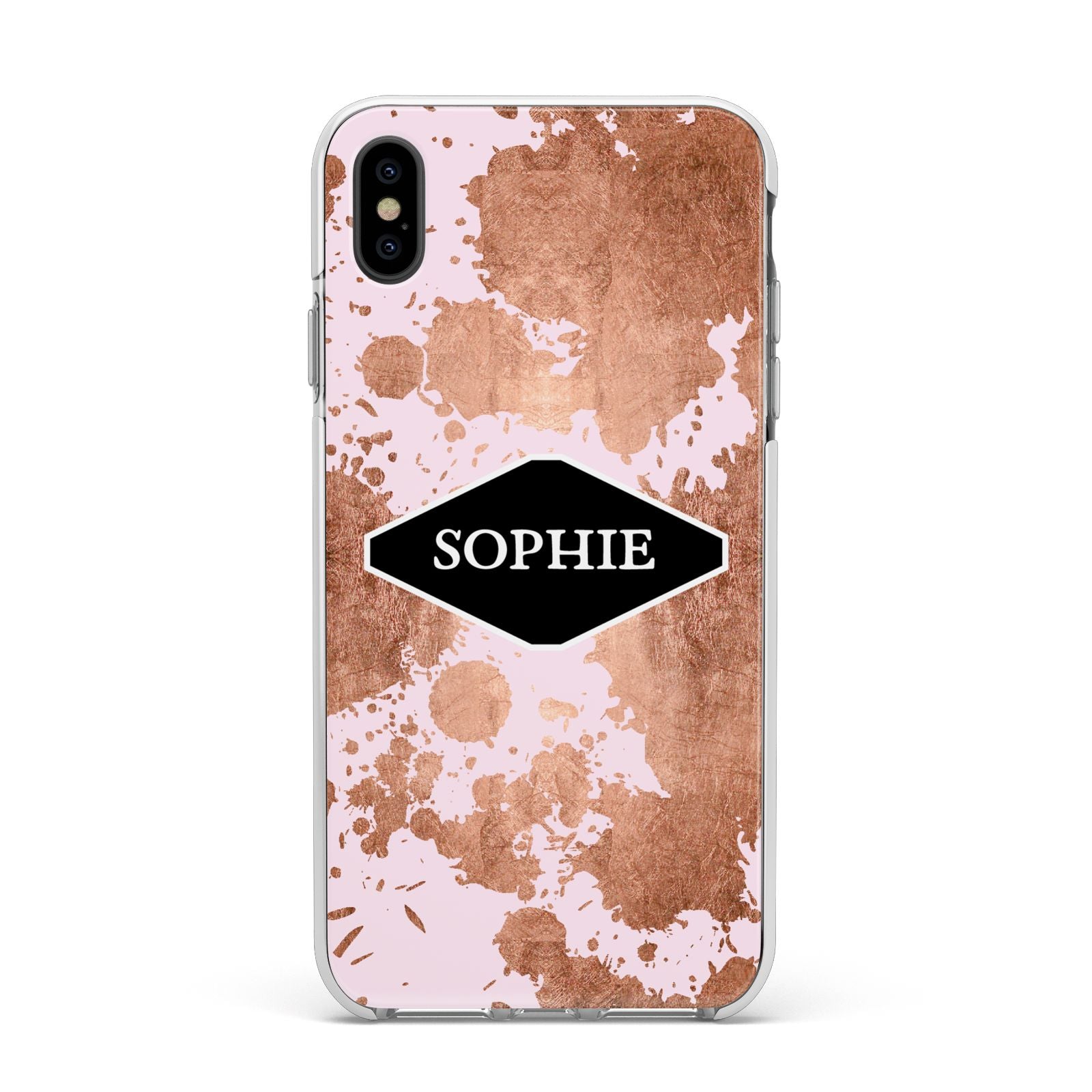 Personalised Pink Copper Splatter Name Apple iPhone Xs Max Impact Case White Edge on Black Phone