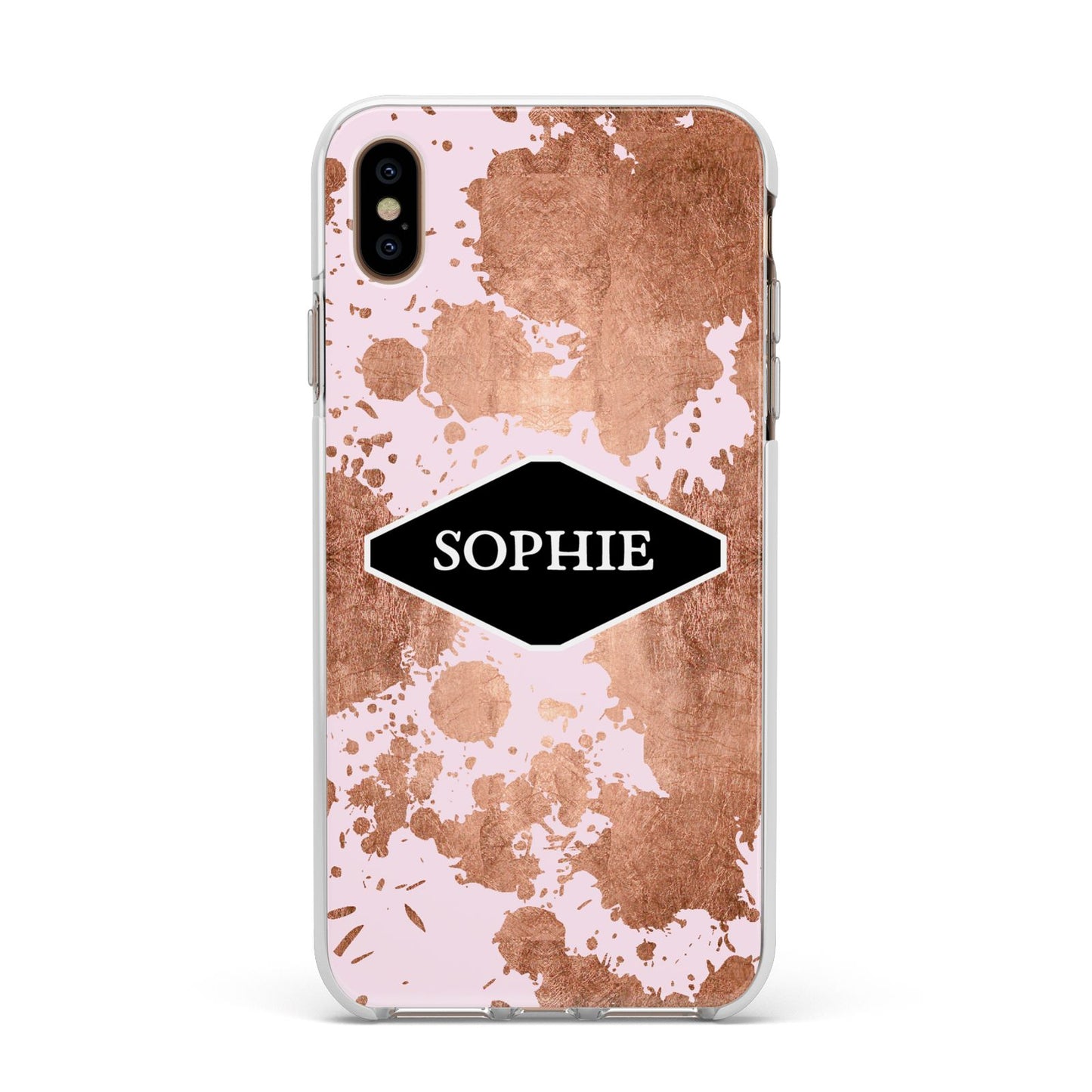 Personalised Pink Copper Splatter Name Apple iPhone Xs Max Impact Case White Edge on Gold Phone