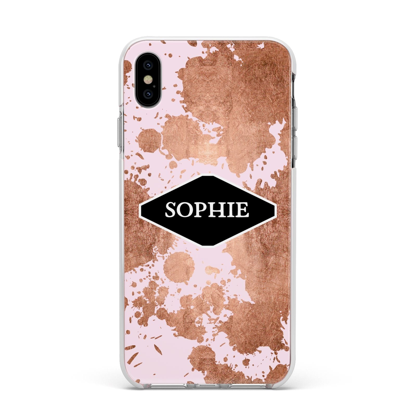 Personalised Pink Copper Splatter Name Apple iPhone Xs Max Impact Case White Edge on Silver Phone