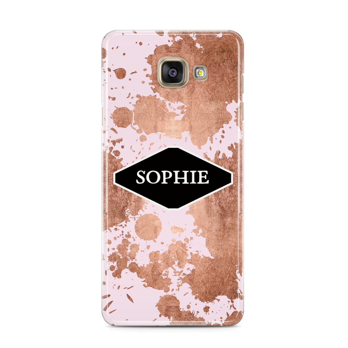 Personalised Pink Copper Splatter Name Samsung Galaxy A3 2016 Case on gold phone