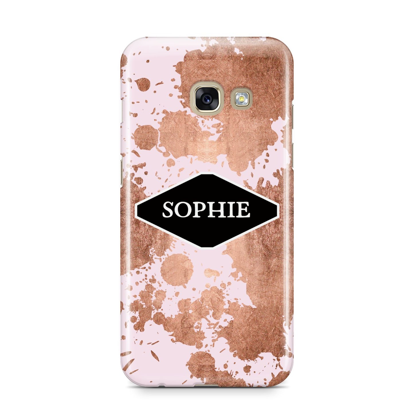 Personalised Pink Copper Splatter Name Samsung Galaxy A3 2017 Case on gold phone