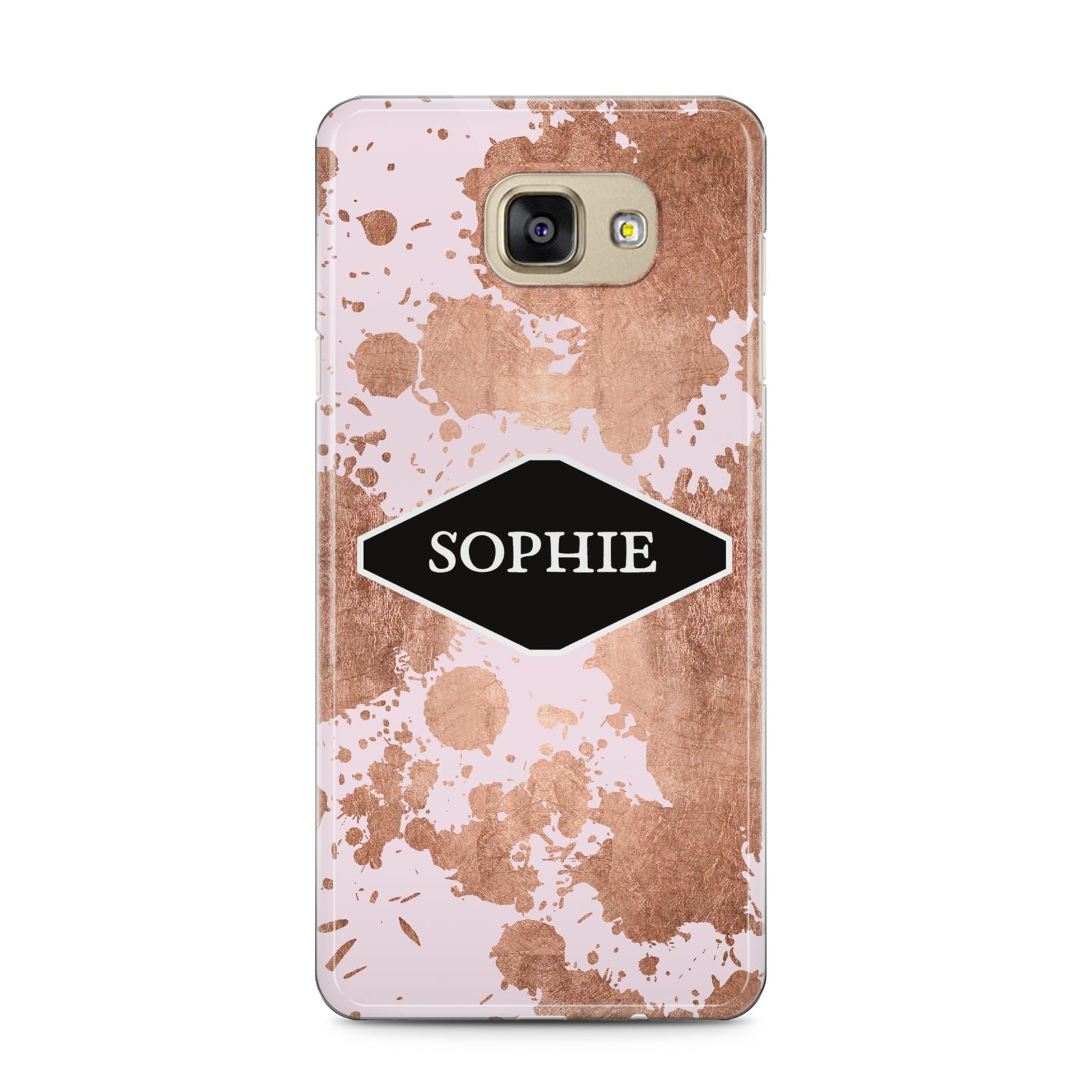 Personalised Pink Copper Splatter Name Samsung Galaxy A5 2016 Case on gold phone