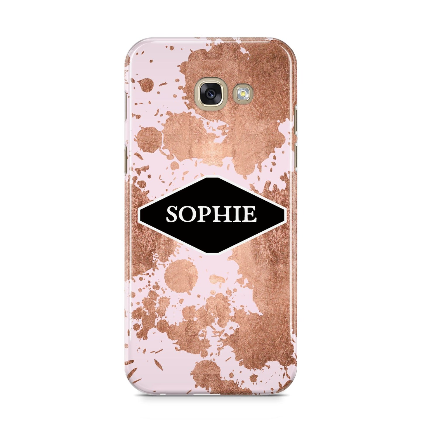 Personalised Pink Copper Splatter Name Samsung Galaxy A5 2017 Case on gold phone