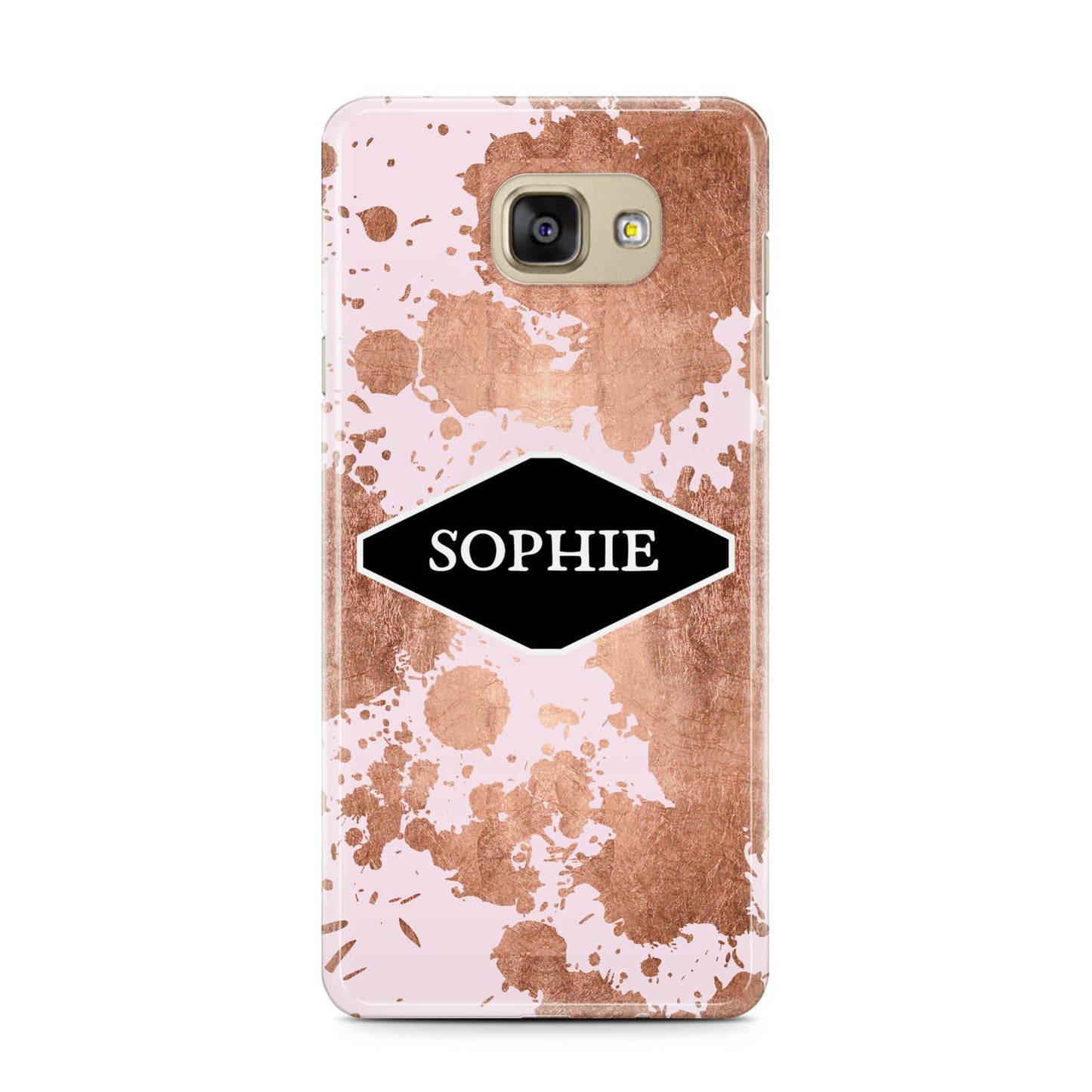 Personalised Pink Copper Splatter Name Samsung Galaxy A7 2016 Case on gold phone