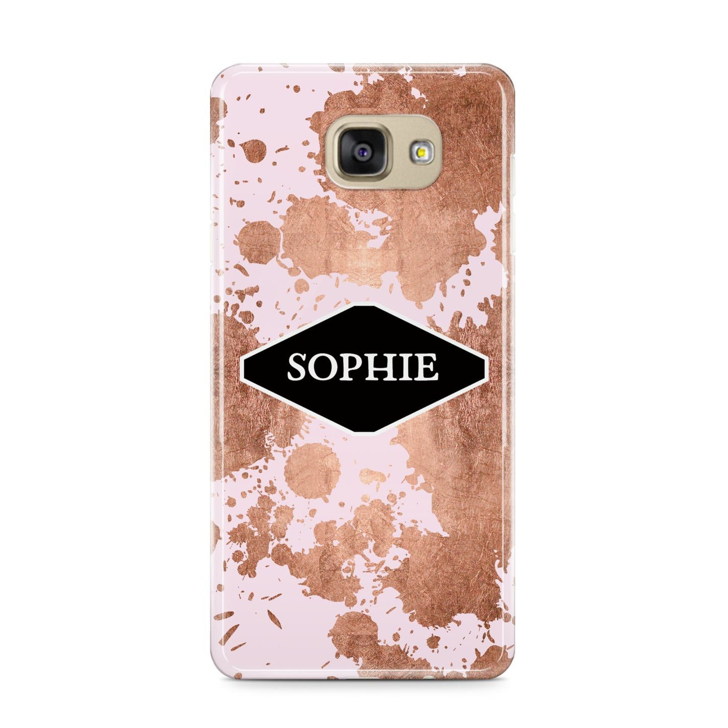 Personalised Pink Copper Splatter Name Samsung Galaxy A9 2016 Case on gold phone