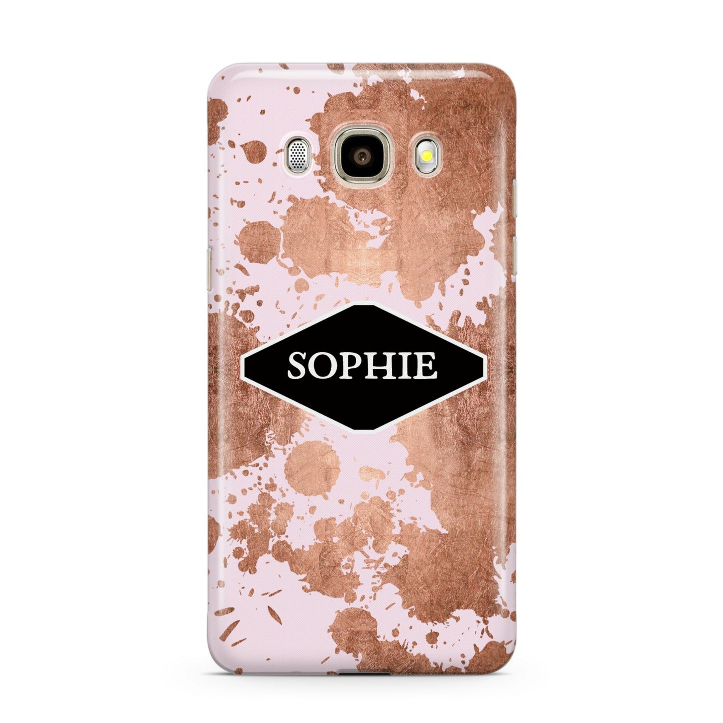 Personalised Pink Copper Splatter Name Samsung Galaxy J7 2016 Case on gold phone