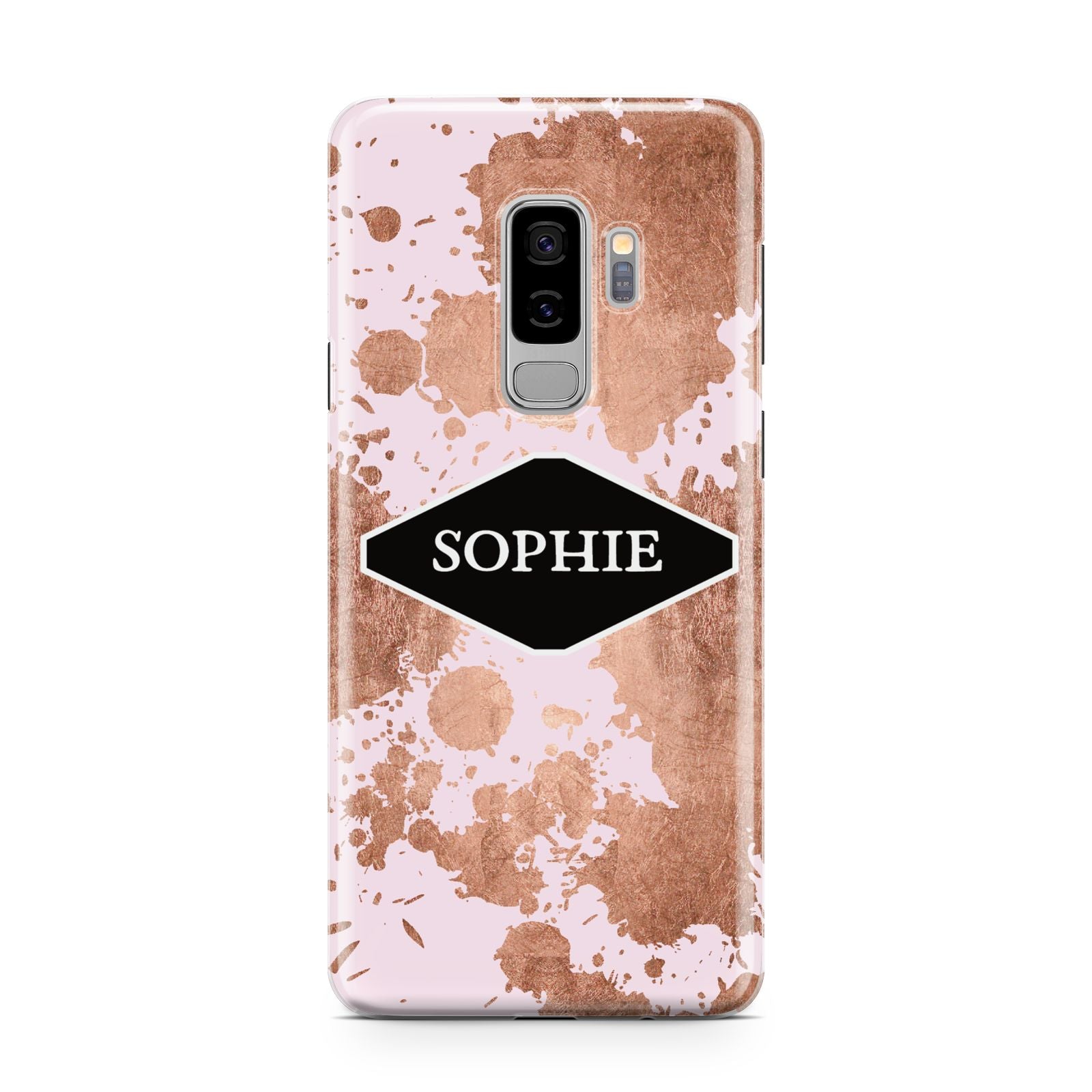 Personalised Pink Copper Splatter Name Samsung Galaxy S9 Plus Case on Silver phone