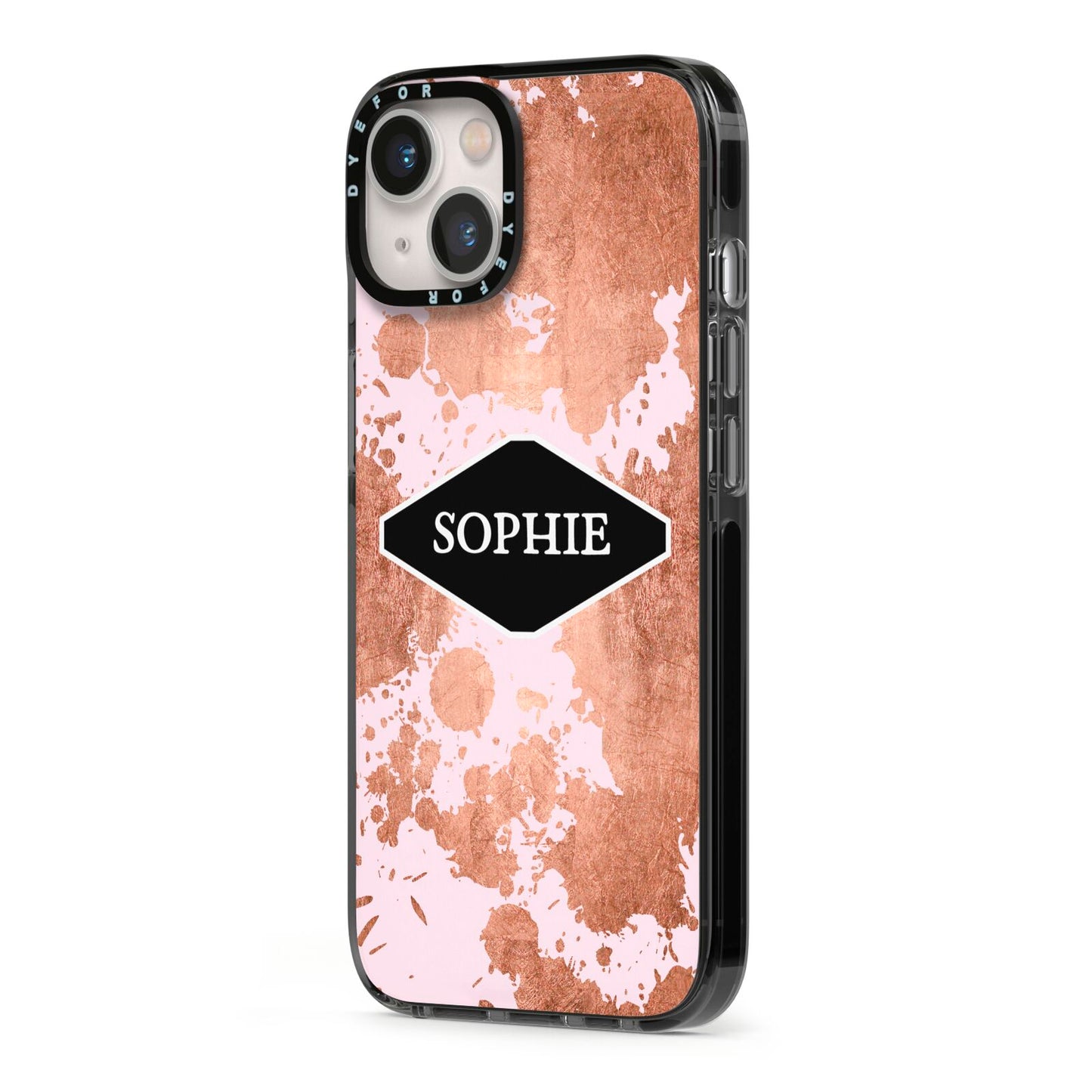 Personalised Pink Copper Splatter Name iPhone 13 Black Impact Case Side Angle on Silver phone