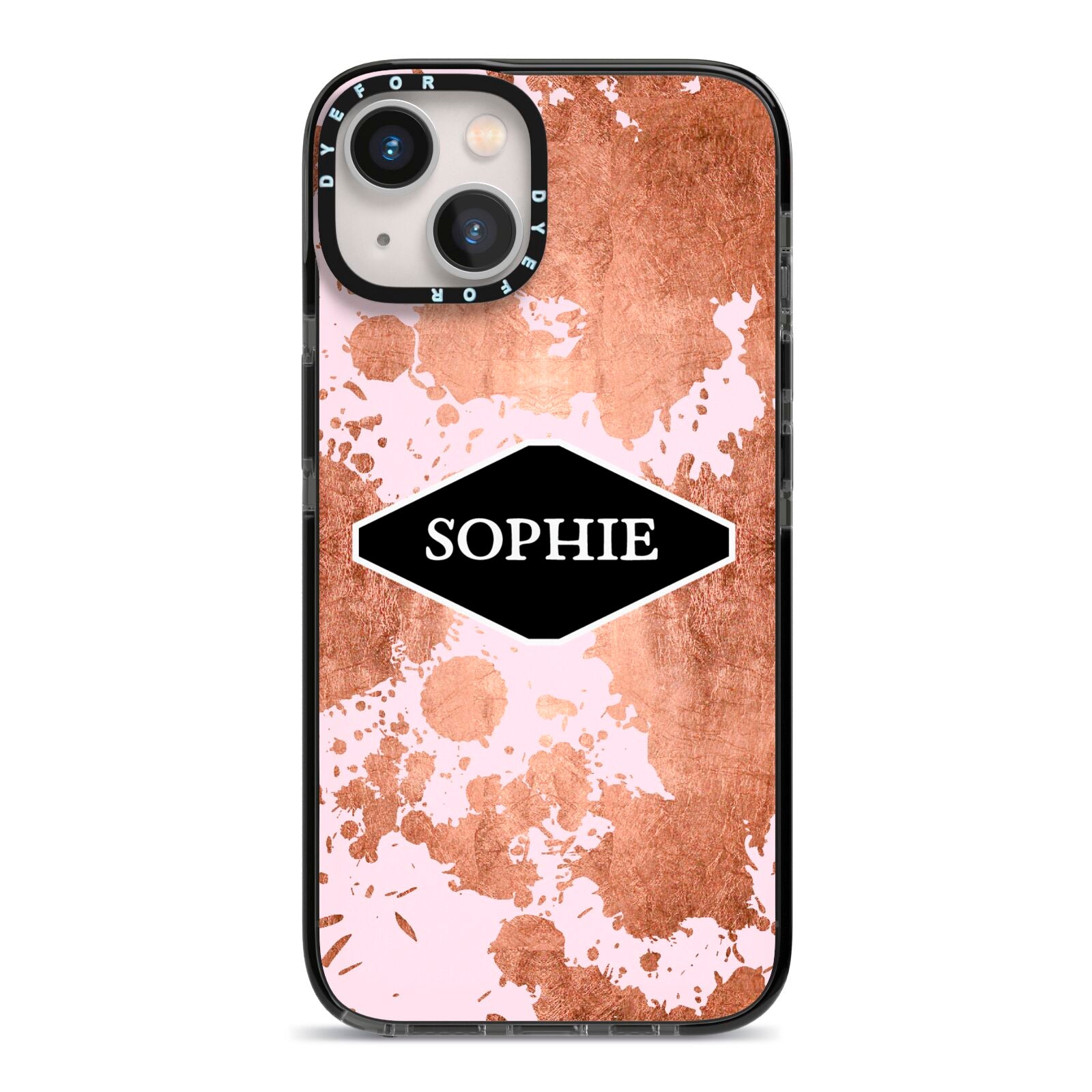 Personalised Pink Copper Splatter Name iPhone 13 Black Impact Case on Silver phone