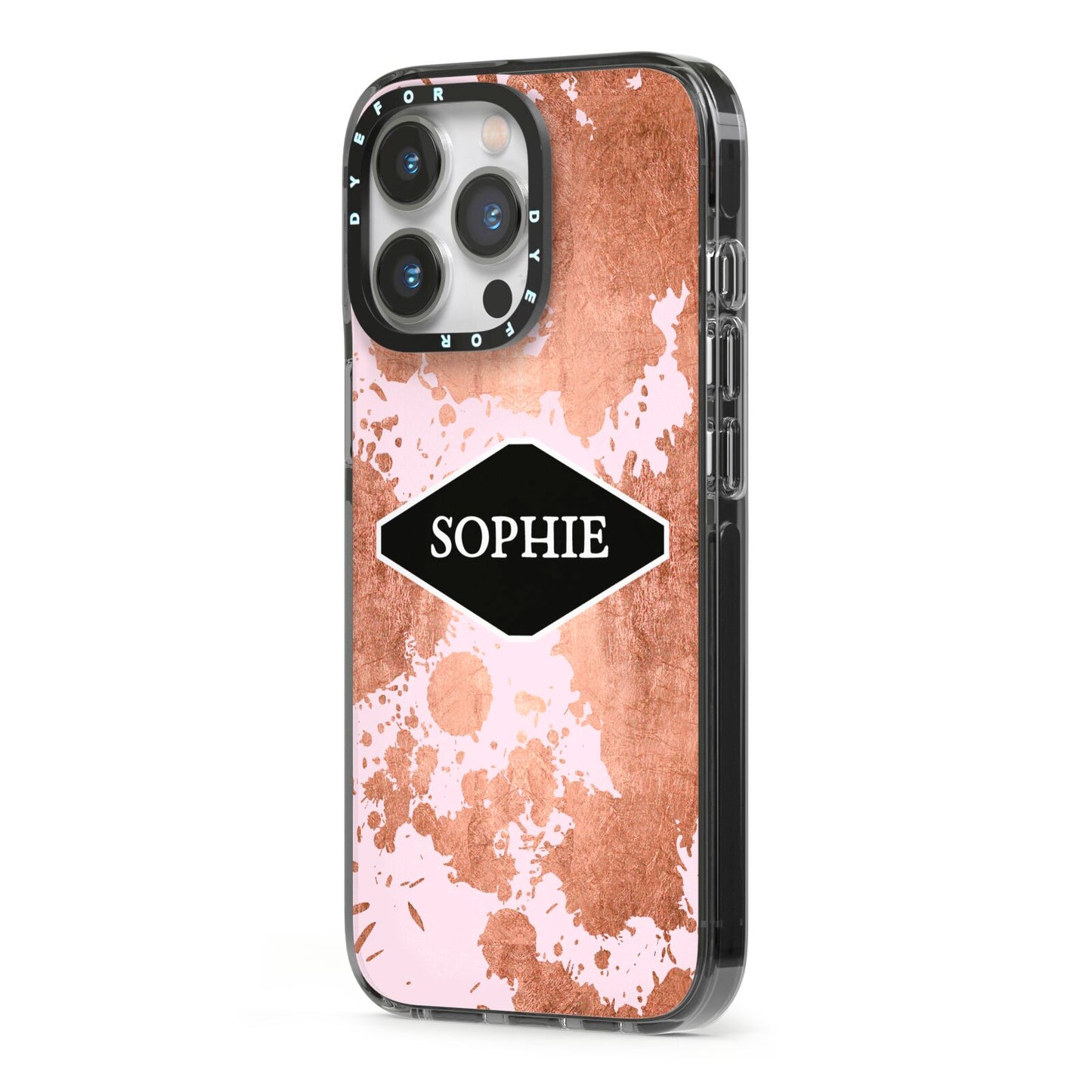 Personalised Pink Copper Splatter Name iPhone 13 Pro Black Impact Case Side Angle on Silver phone