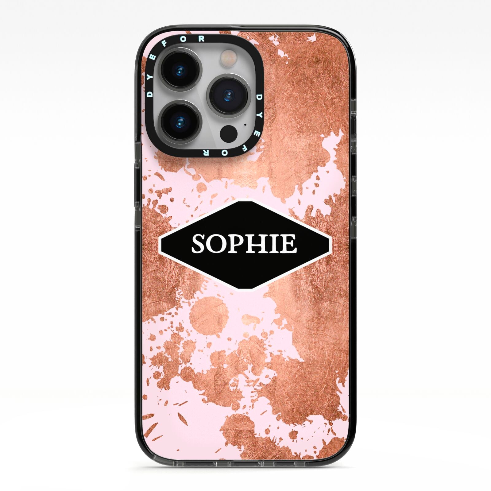 Personalised Pink Copper Splatter Name iPhone 13 Pro Black Impact Case on Silver phone