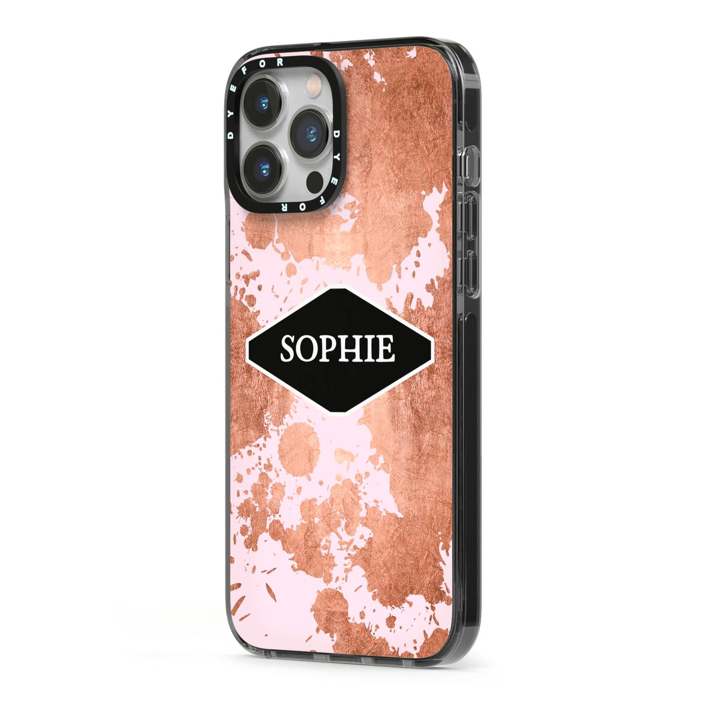 Personalised Pink Copper Splatter Name iPhone 13 Pro Max Black Impact Case Side Angle on Silver phone