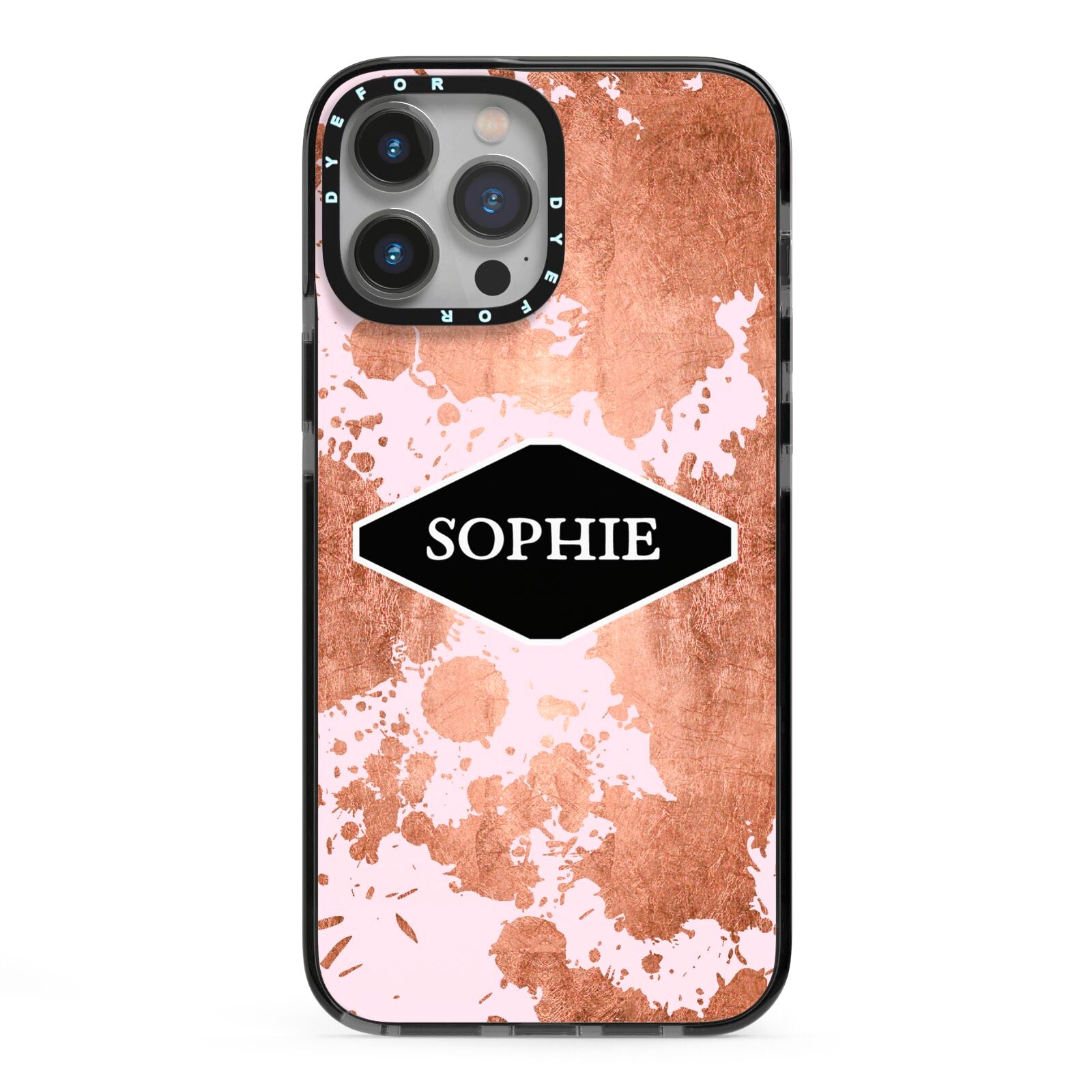 Personalised Pink Copper Splatter Name iPhone 13 Pro Max Black Impact Case on Silver phone