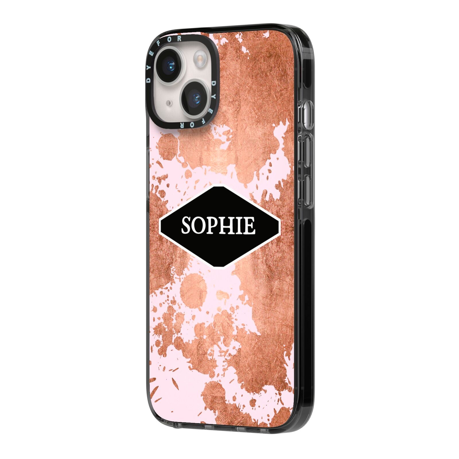 Personalised Pink Copper Splatter Name iPhone 14 Black Impact Case Side Angle on Silver phone