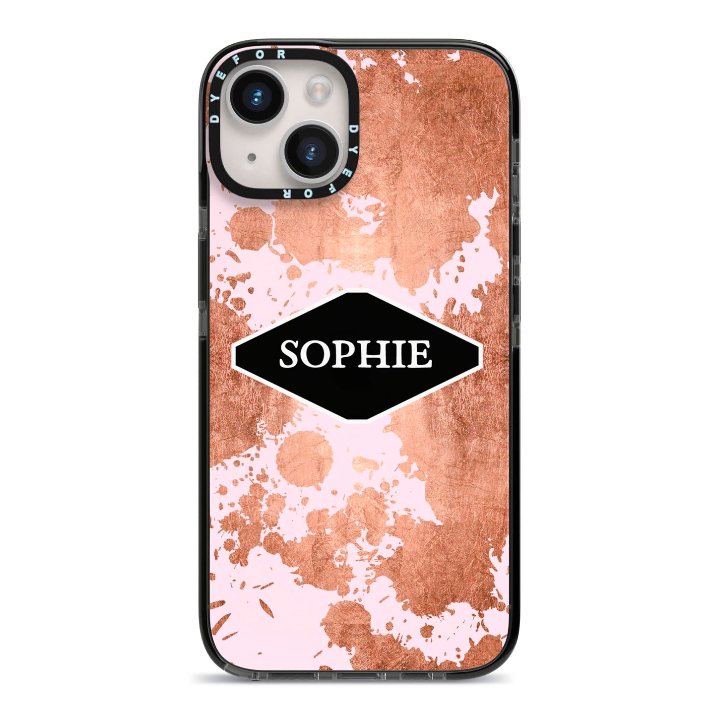 Personalised Pink Copper Splatter Name iPhone 14 Black Impact Case on Silver phone