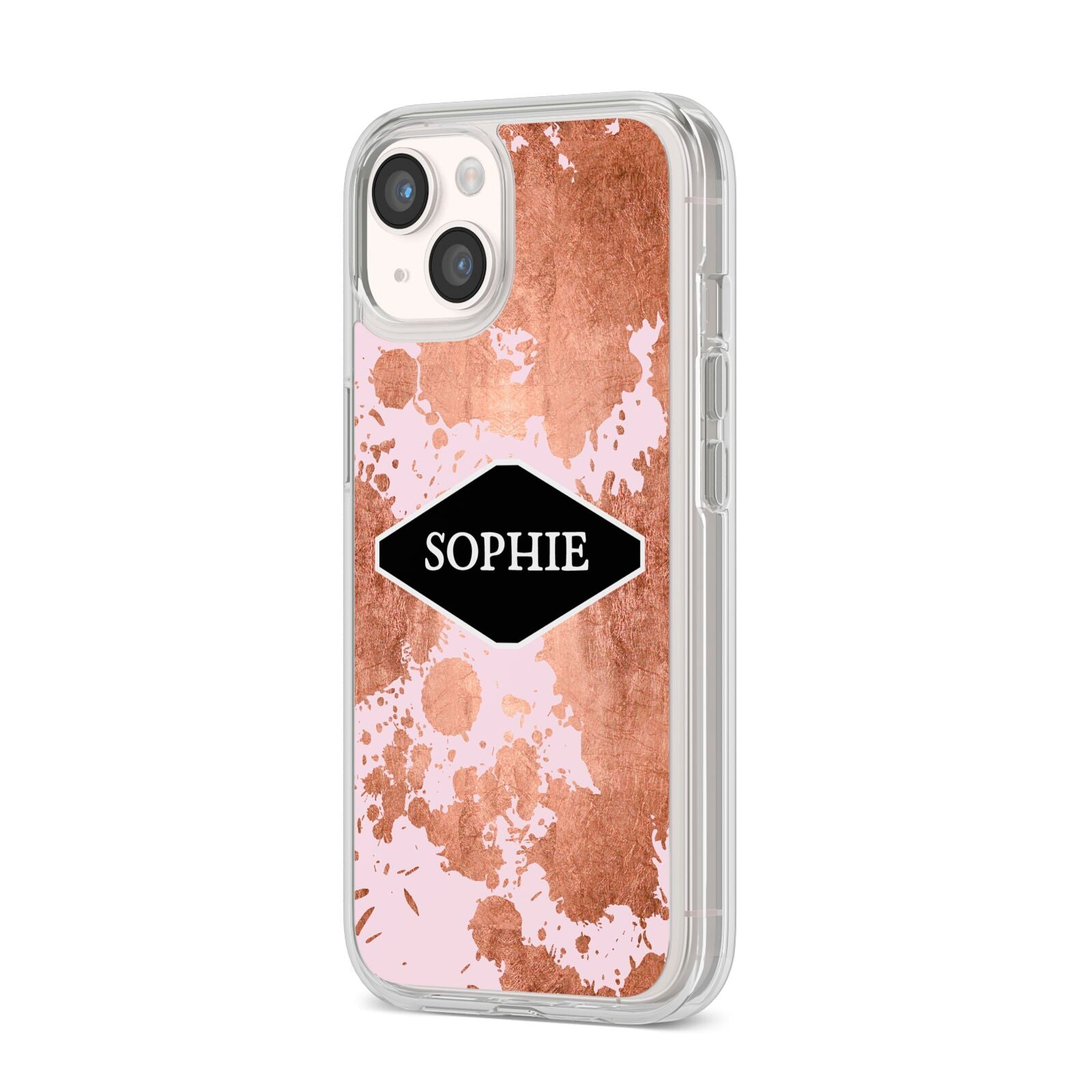 Personalised Pink Copper Splatter Name iPhone 14 Clear Tough Case Starlight Angled Image