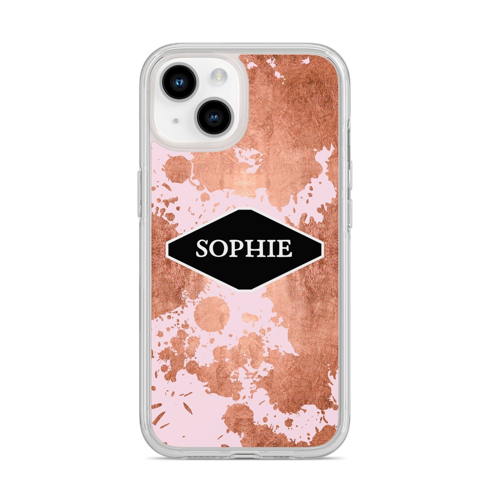 Personalised Pink Copper Splatter Name iPhone 14 Clear Tough Case Starlight