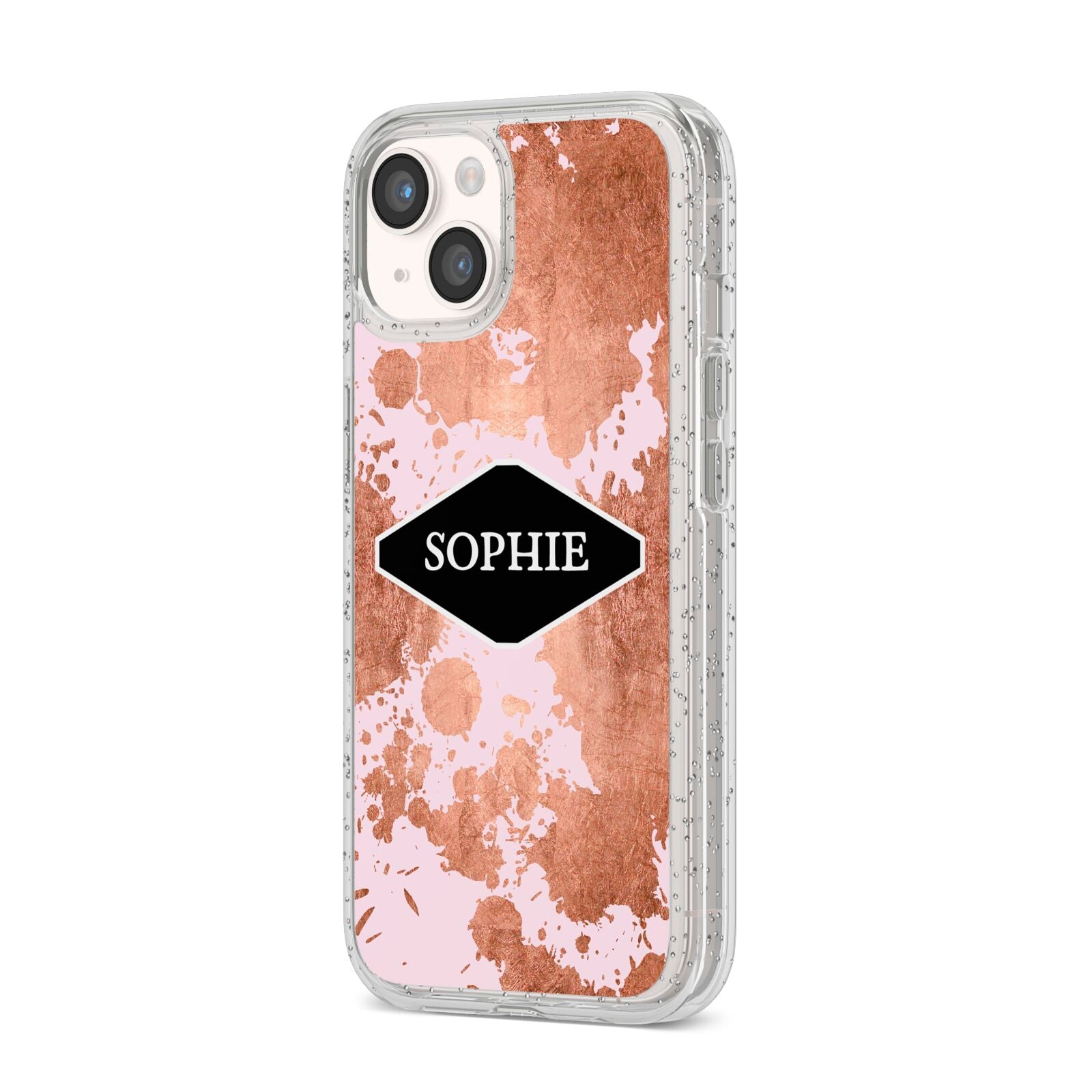 Personalised Pink Copper Splatter Name iPhone 14 Glitter Tough Case Starlight Angled Image