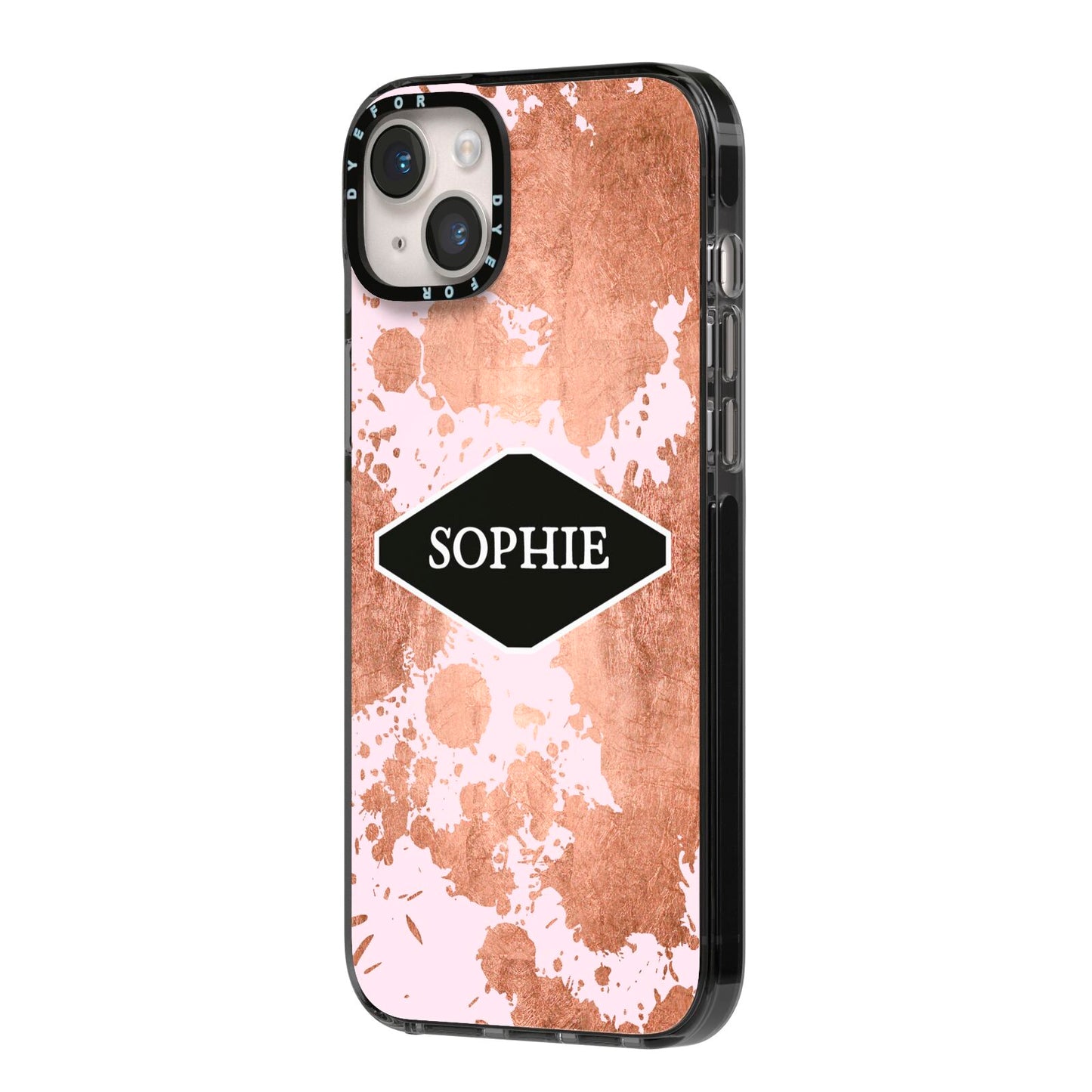 Personalised Pink Copper Splatter Name iPhone 14 Plus Black Impact Case Side Angle on Silver phone