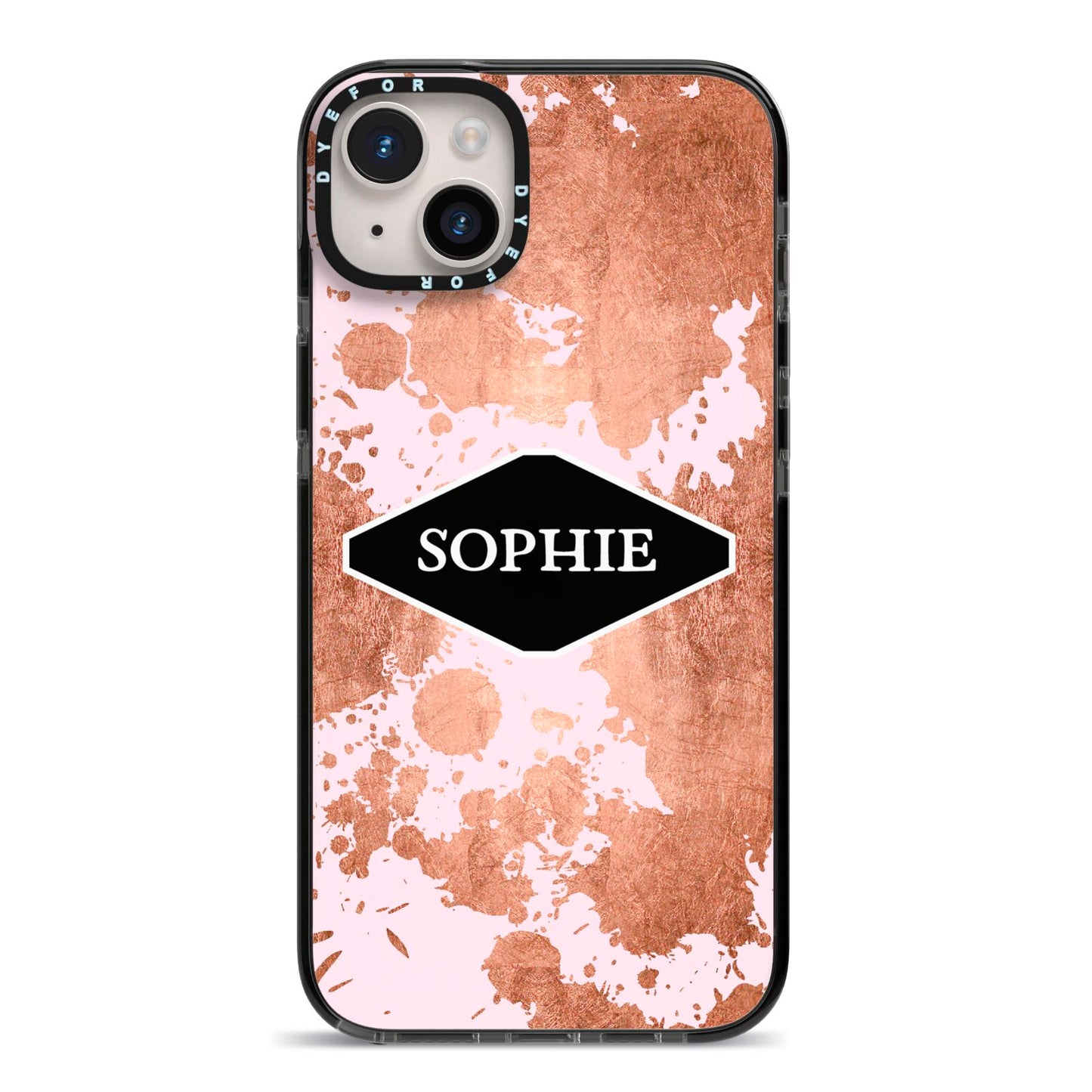 Personalised Pink Copper Splatter Name iPhone 14 Plus Black Impact Case on Silver phone